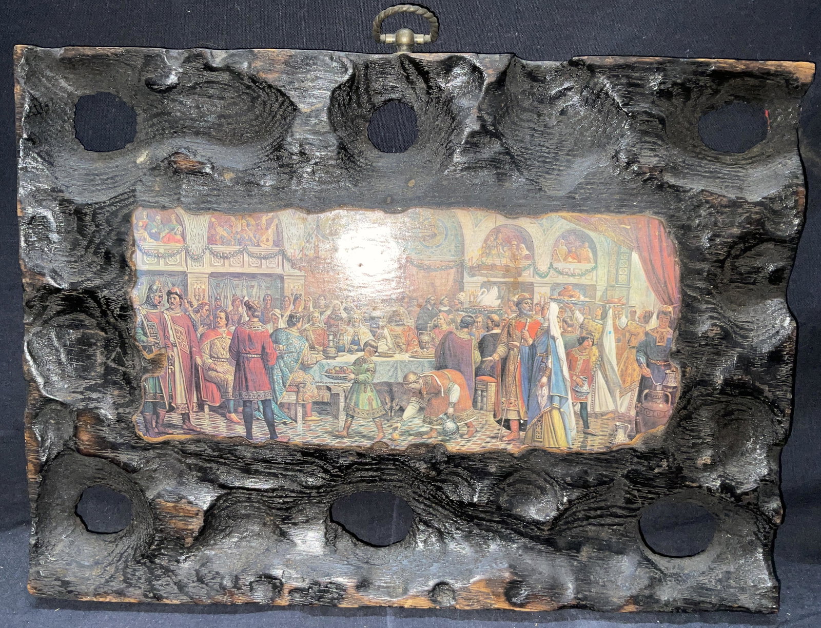 Wooden Plaque W Renaissance Lithograph to Center: Wooden Plaque W Renaissance Lithograph to Center. Measures approx 14 x 10 inches. Slight wear to wood consistent with age and use. Natural imperfections to piece. Renaissance, wooden plaque, Renaissan