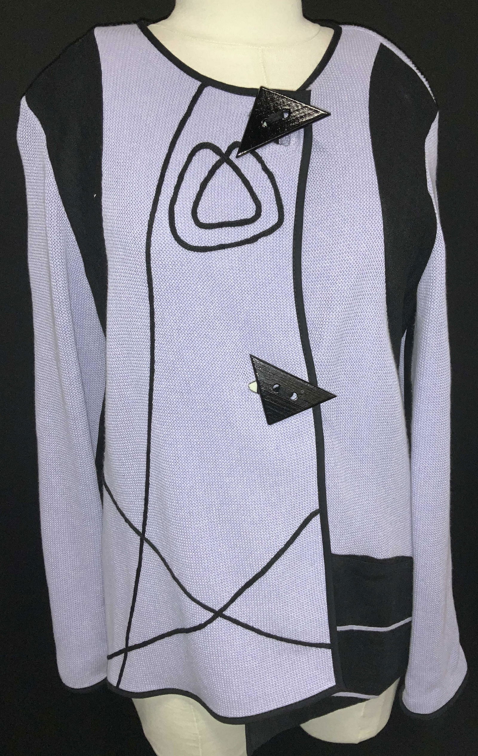 JASKAR Cotton Linen Knit Jacket: Roomy Cardigan Jacket with abstract lacquered wood buttons and trim. Lavender knit 55% cotton and 45% Acrylic with black linen. One large hand pocket, size medium, 25.5 in. Long. Knitwear, Spring Fash