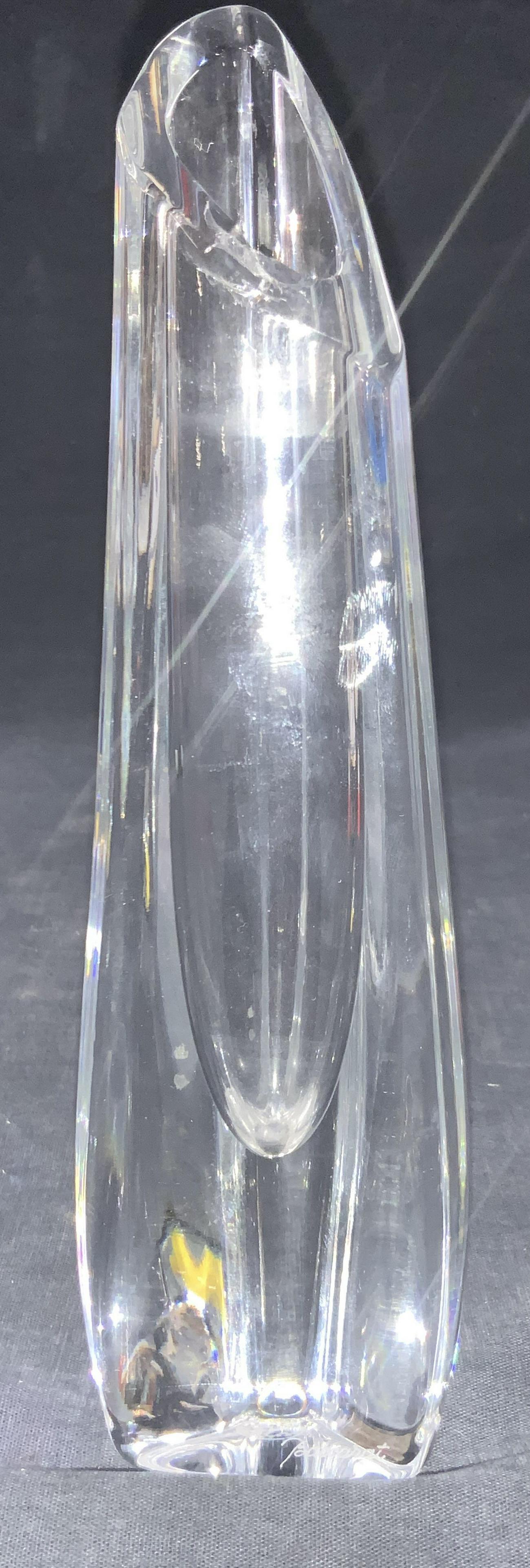BACCARAT Thick Walled Crystal Vase: Marked Baccarat on side. Thick walled crystal vase in asymmetrical shape. Approximately 8.75 inches tall. Evident loss to rim. Baccarat crystal vase, crystal decor, Baccarat crystal, crystal accessori