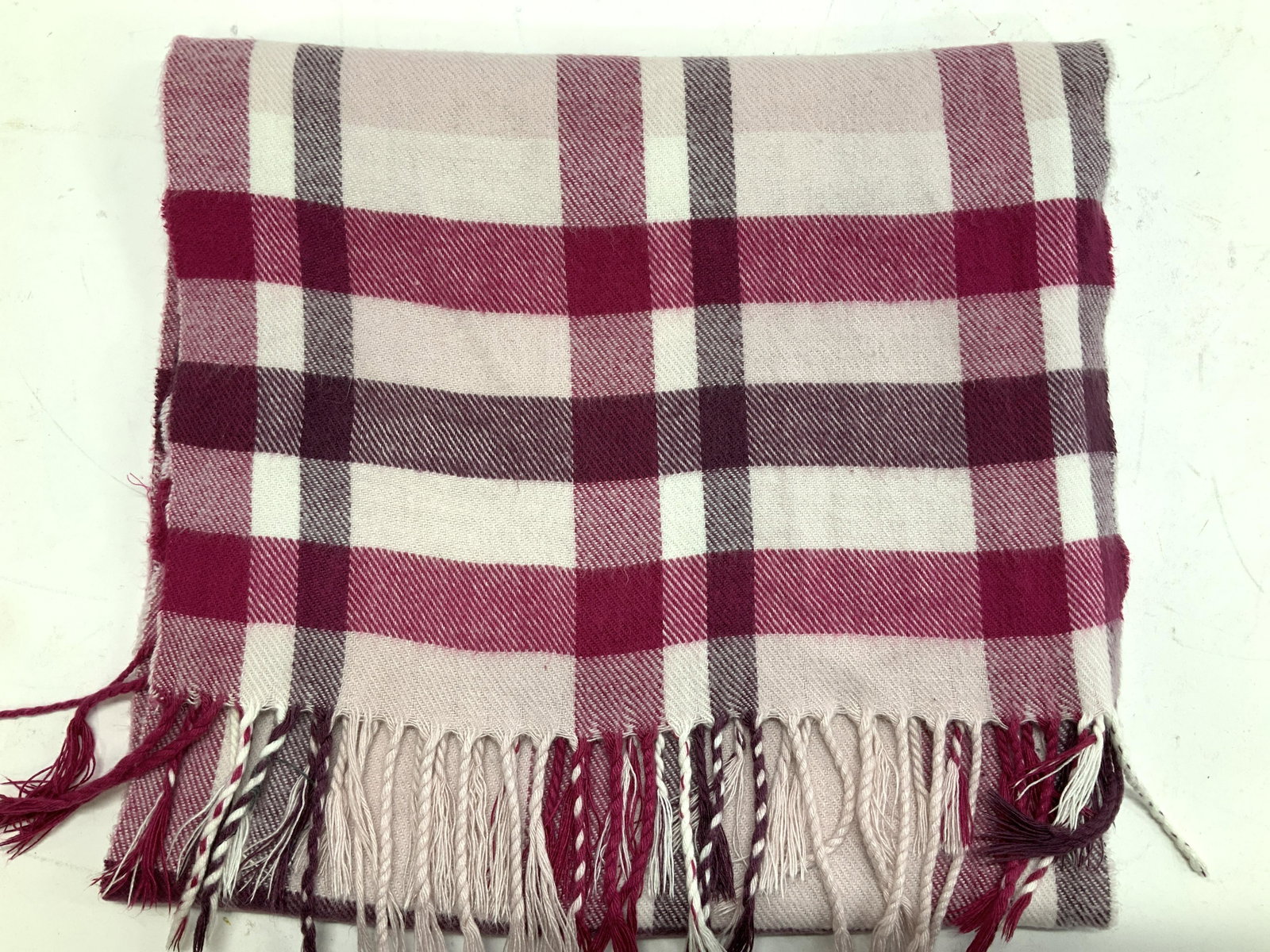 Cashmere Plaid Scarf, Scotland: Cashmere scarf with end tassels, Label affixed reads made in Scotland. Pink and wine color plaid palette .12 x 68 in. Some wear. Ladies accessories, Cashmere scarf, wearable accessories, Ladies fashio