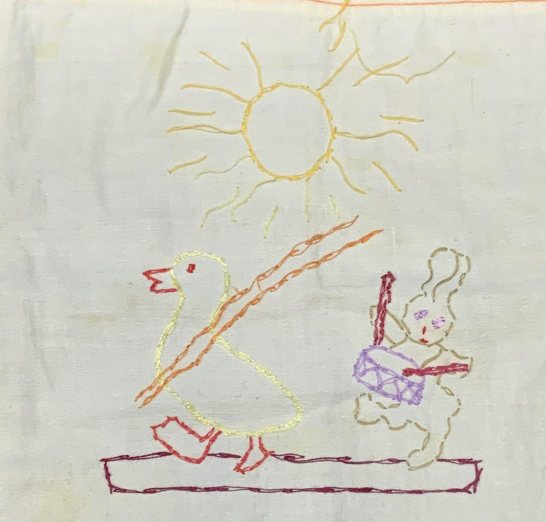 Vintage hand Embroidered Duck & Bunny Hankie: Vintage hand embroidered handkerchief with duck and rabbit motif. Material feels like cotton. Measures approx. 9.5 x 9.25 inches. Some blemishes to fabric observed. Hankie, handkerchief, vintage handk