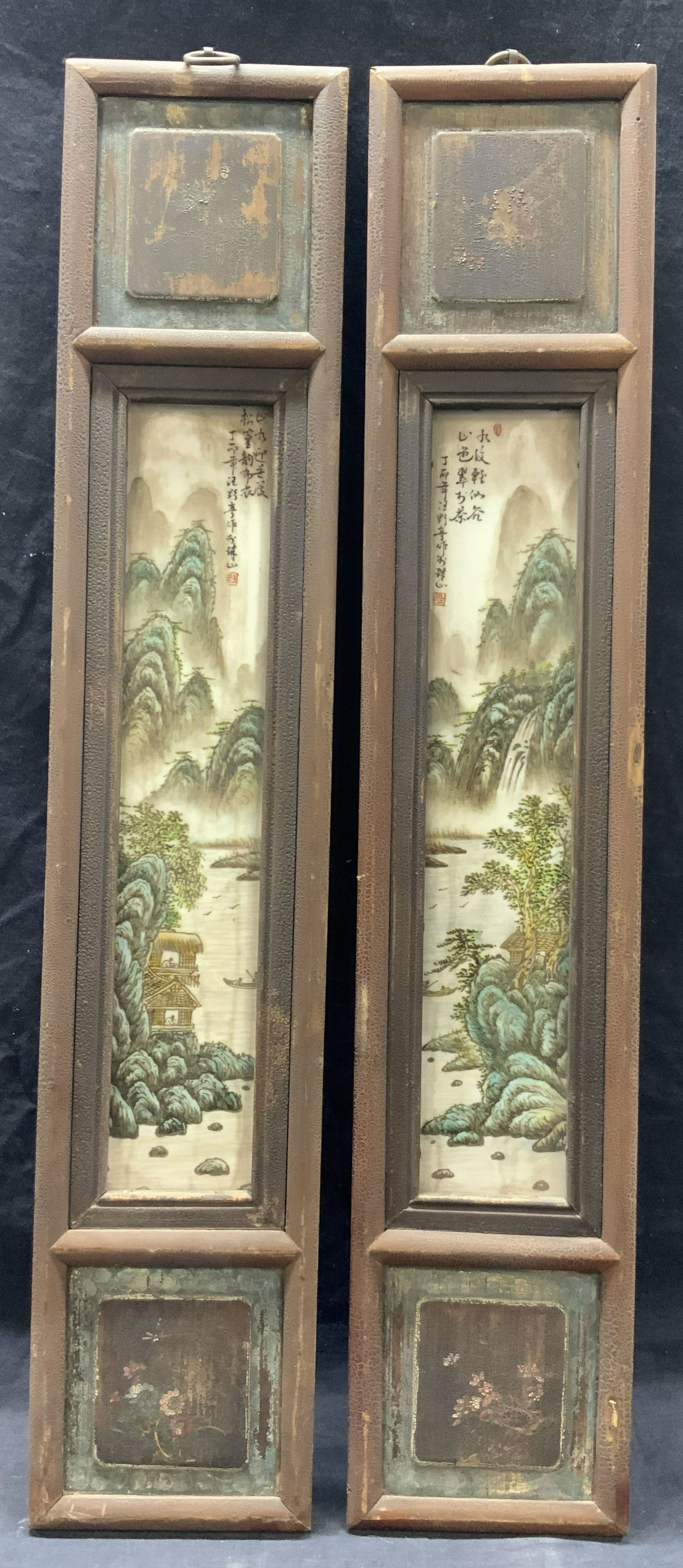 2 Vintage Asian Wooden & Painted Stone Panels (1 of 8)