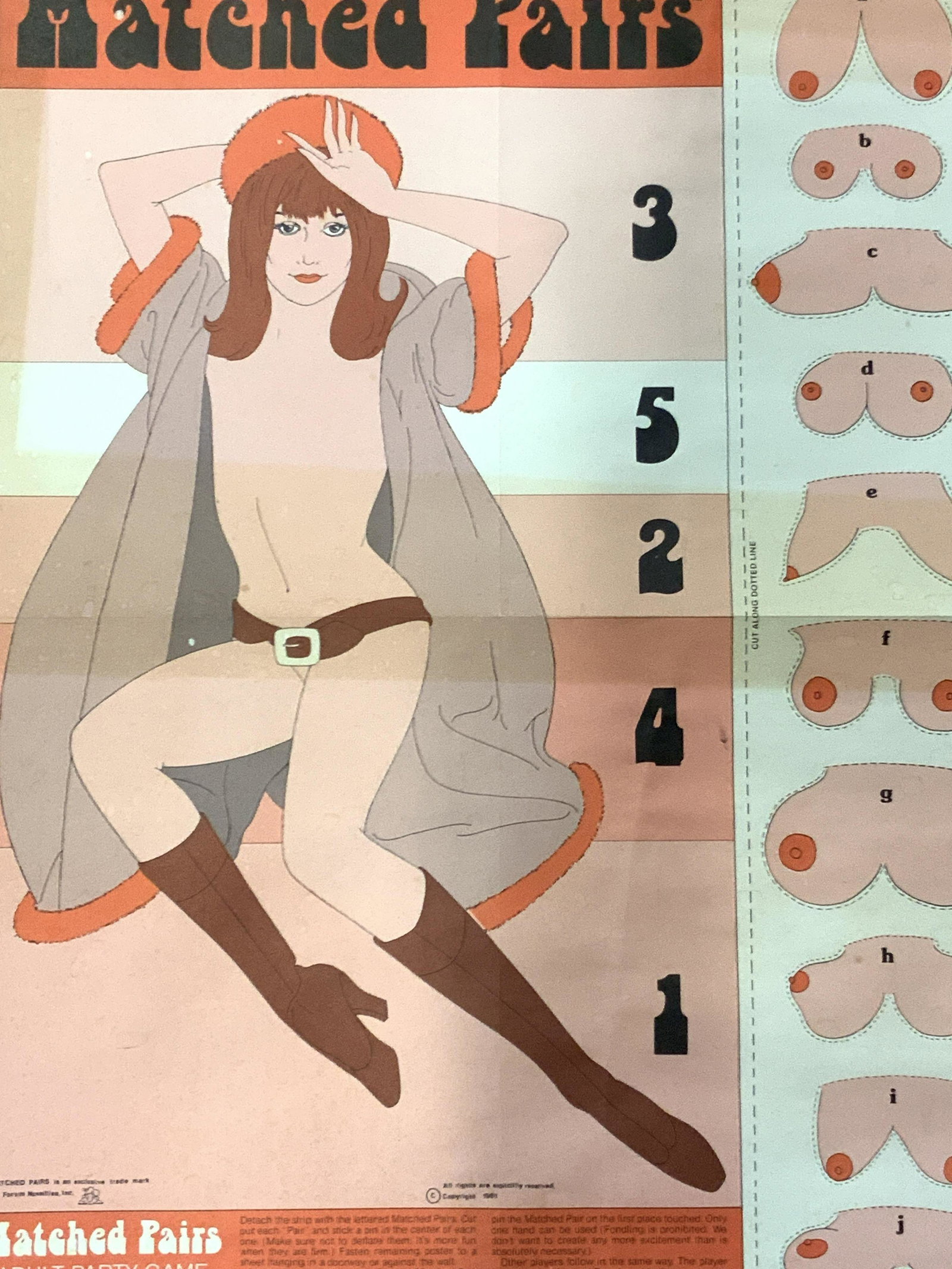 MATCHED PAIRS Vintage Adult Party Game: Vintage adult party game marked Matched Pairs 1981 with a depiction of a pin up girl. No frame. Approximately 24 x 18 inches Evident discoloration due to age and use. Vintage adult game. Adult game, p