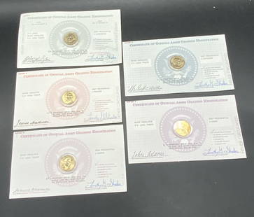 5 Uncirculated Presidential Coins W/ Certificates: Five uncirculated presidential coins affixed to certificates. The certificates read Certificate Of Official Asset Grading Registration, Never Circulated U.S. Legal Tender, A Grade Never Circulated. Co