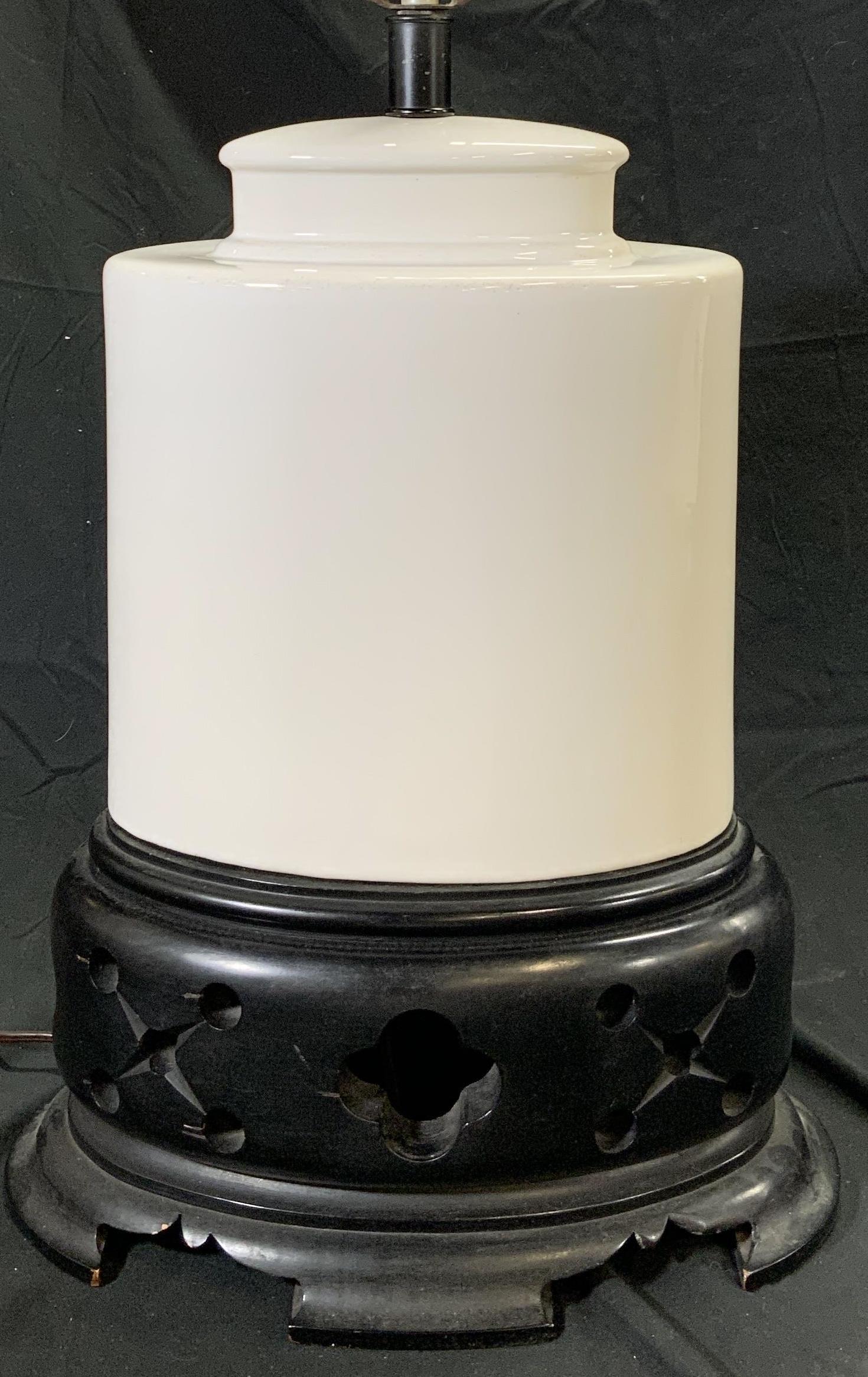 White Porcelain Table Lamp W Carved Wood Base (1 of 9)