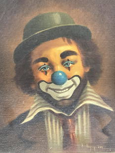 Hoppin Signed Smiling Clown Oil Painting: Signed on lower left corner Hoppin Subject depicts a brown haired clown with black hat and white painted smile with blue eyes and striped collared shirt. Framed wooden frame with linen inner edges. Ap