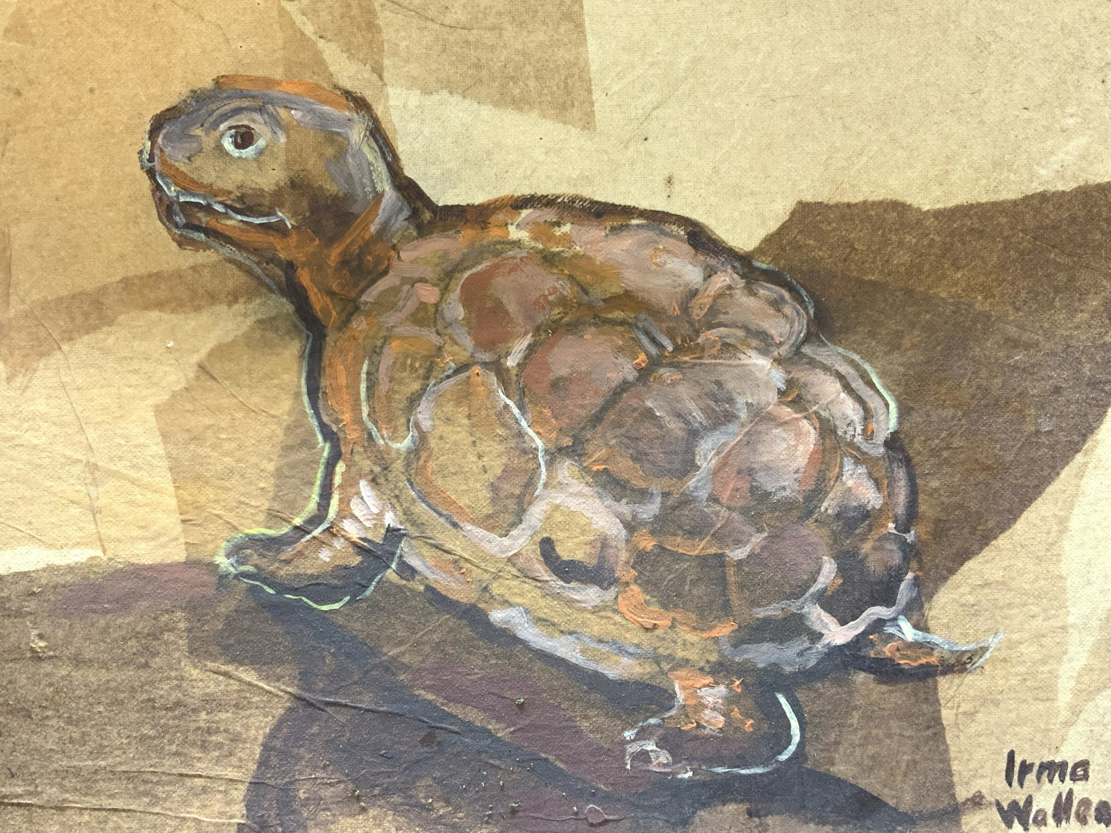 Irma Wallem Signed Mixed Media Turtle Painting: Signed on lower right corner Irma Wallem Subject depicts a warm toned colored turtle standing amongst amongst a paper background. Framed in red toned wooden frame with white toned inner frame. Approxi