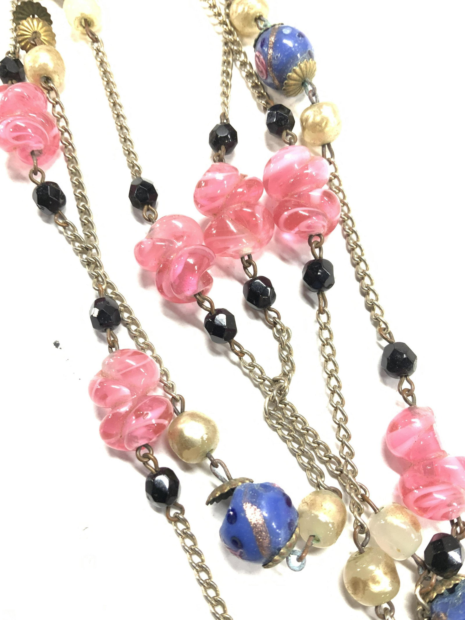 Rope Length Art Glass Bead & Chain Necklace: 68 in. Rope length chain necklace with hand crafted glass beads, some pink, some periwinkle. Stationary beads can be up cycled into new jewelry , piece used as a belt, or used for arts and crafts, sil