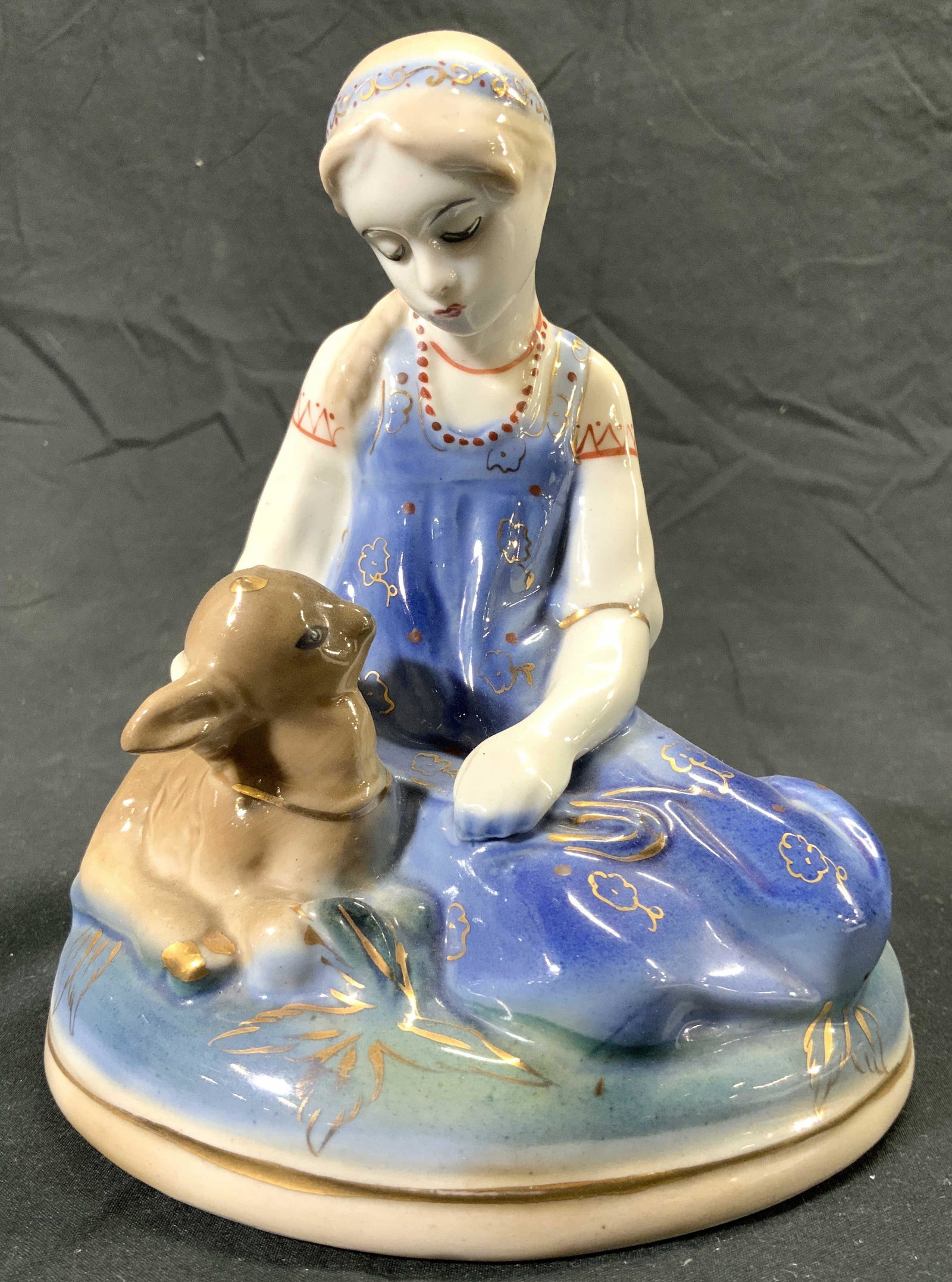GZHEL USSR Russian Girl Alyona W Goat Porc Fig 515: Underside has Russian trademark and is marked 2c. Russian girl Alyona with goat cub Fairy tale Gzhel USSR porcelain figurine 5152. Piece is vintage possibly antique. Piece has hand painted elements. M