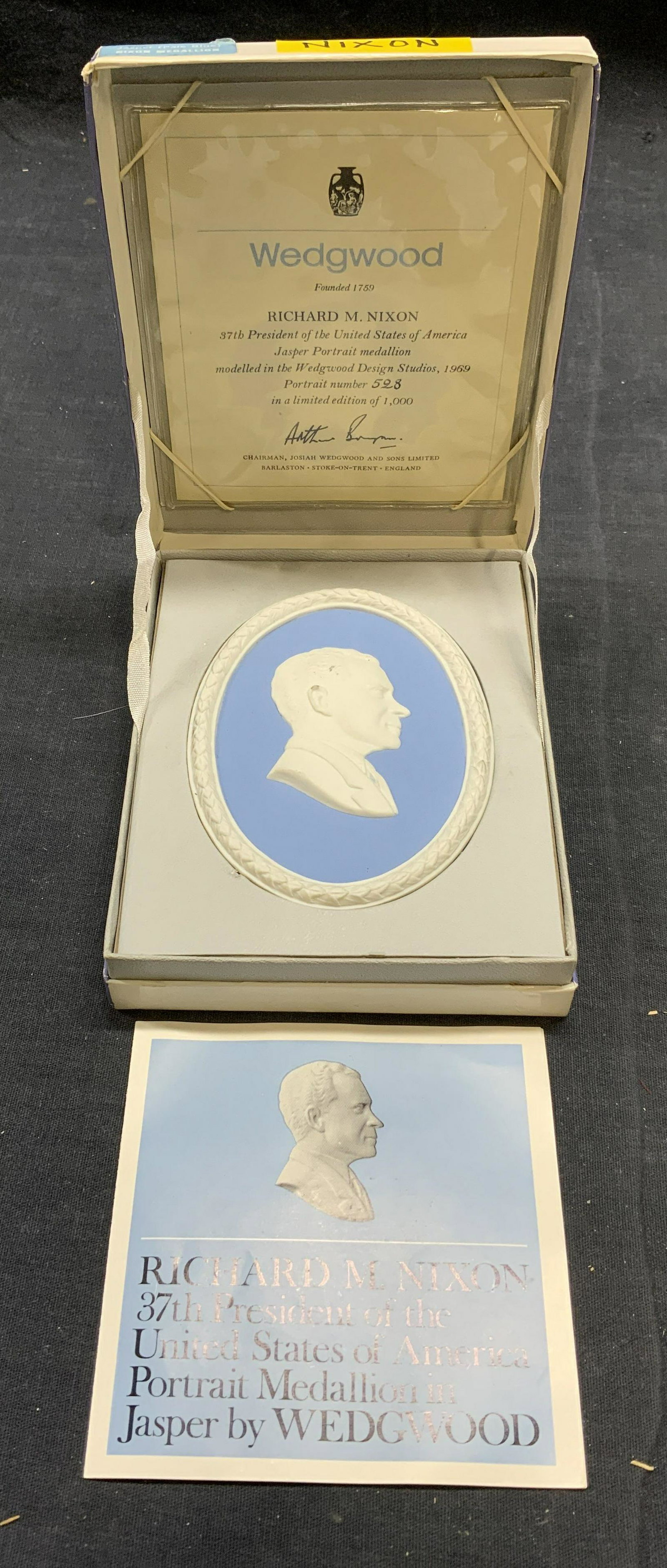 Wedgwood Nixon Presidential Medallion In Box: Wedgwood blue Jasperware limited edition Richard Nixon presidential medallion in original box with certificate of authenticity. Trademarked to underside. Edition number 528/1000. Some surface wear to