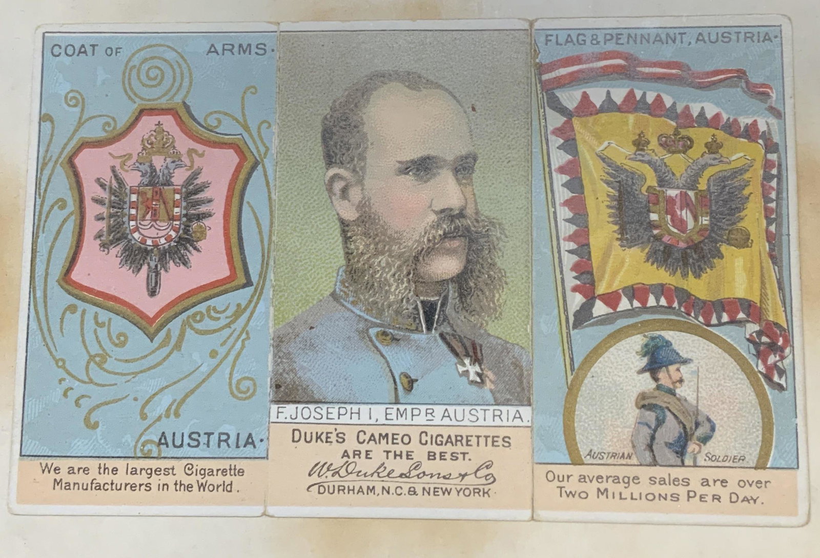 Antique Dukes Cameo Cigarettes Tobacco Card: Antique Dukes Cameo Cigarettes tobacco card with image of Franz Joseph I, Emperor of Austria. Mounted on board under acrylic. Not examined out of frame. Surface wear consistent with exposure. Total di