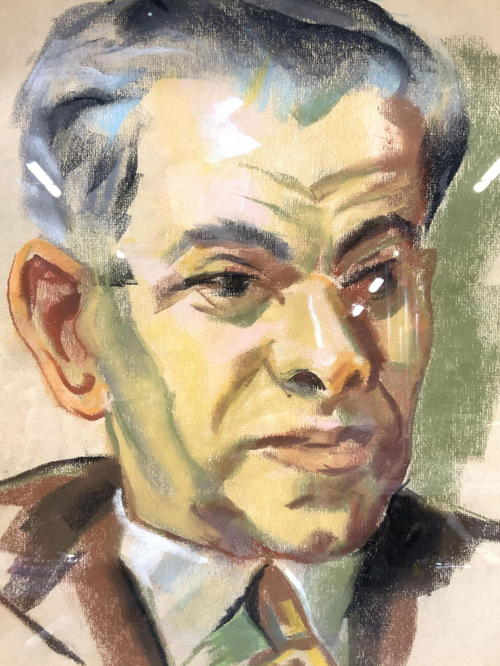 Framed Pastel Portrait Of Man: Framed Pastel drawing depicting the portrait of an older man in suit and tie. Framed in gold metal leafed wooden frame with linen inner matting. Approximately 16 x 13 inches window measures 13 x 10 in