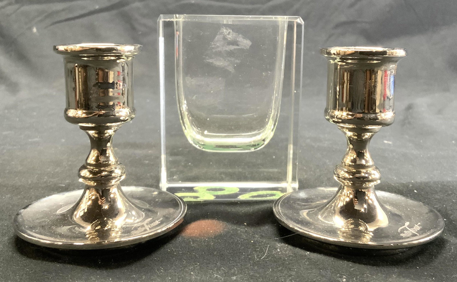 ELAL FIRST SILVERPLATE Candlesticks & Glass Vessel (1 of 7)