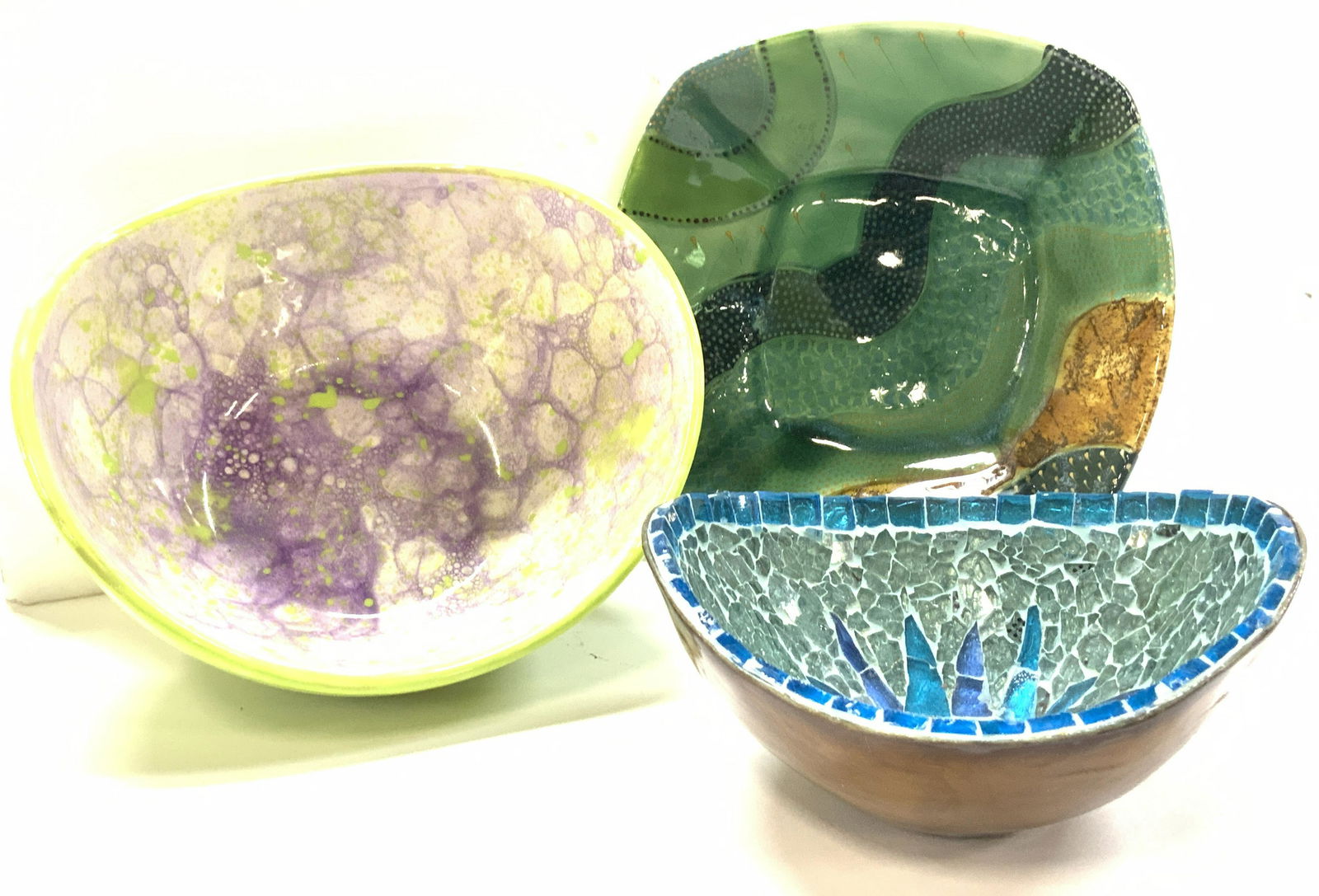 Grp 3 Signed Pottery Bowls, Mosaic Glass Bowl (1 of 10)