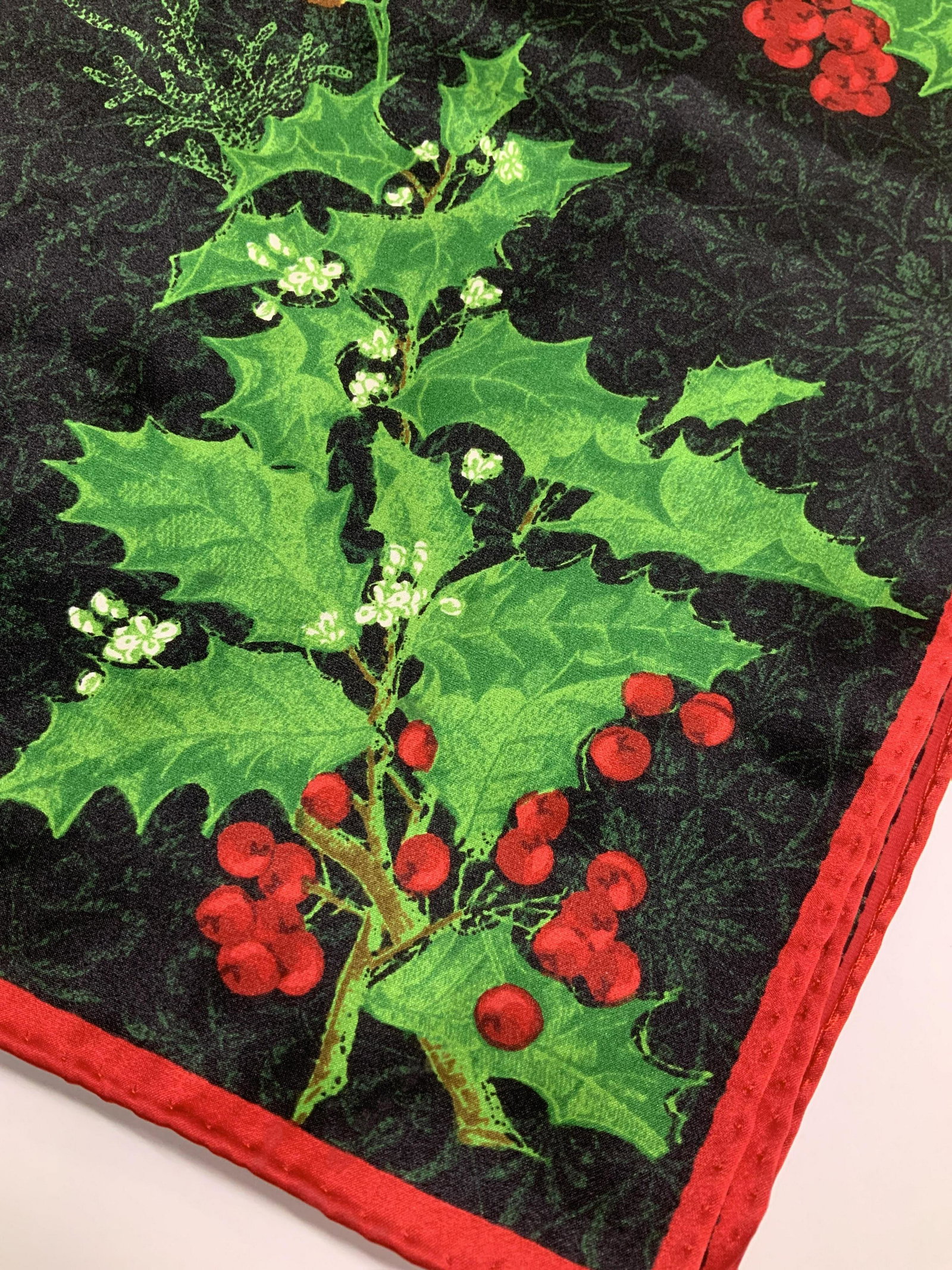 Hand Rolled Holiday Holly & Berry Silk Scarf (1 of 7)
