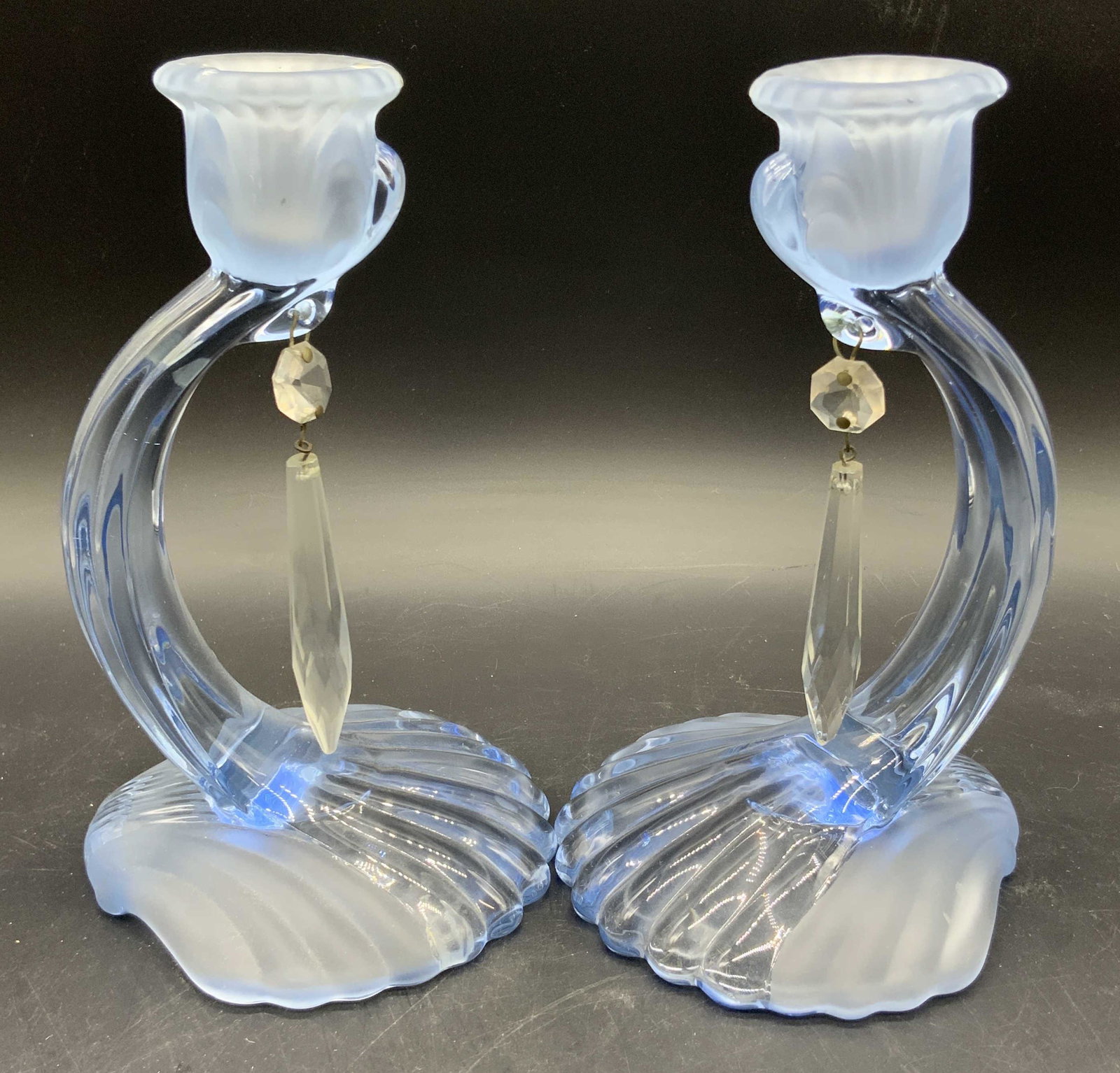 Pair Vintage Blue Glass Clamshell Candlesticks (1 of 11)