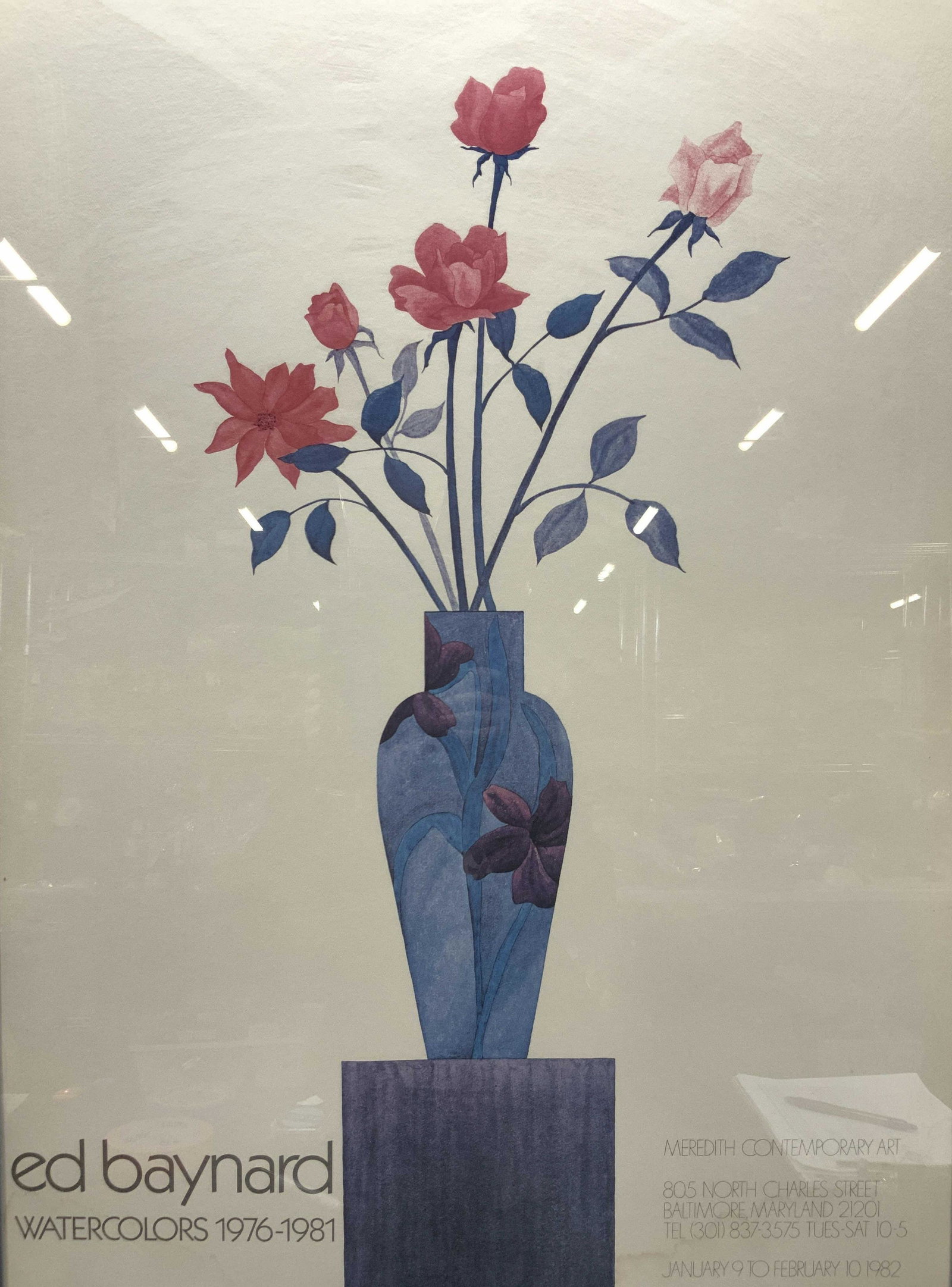 ED BAYNARD Watercolors Exhibition Lithograph: Marked on lower left corner Ed Baynard Watercolors, April 9- May 15, 1980. Marked on lower right in black, Ed Baynard, 1979Depicting a still life on a base with red flowersFramed in matte silver toned