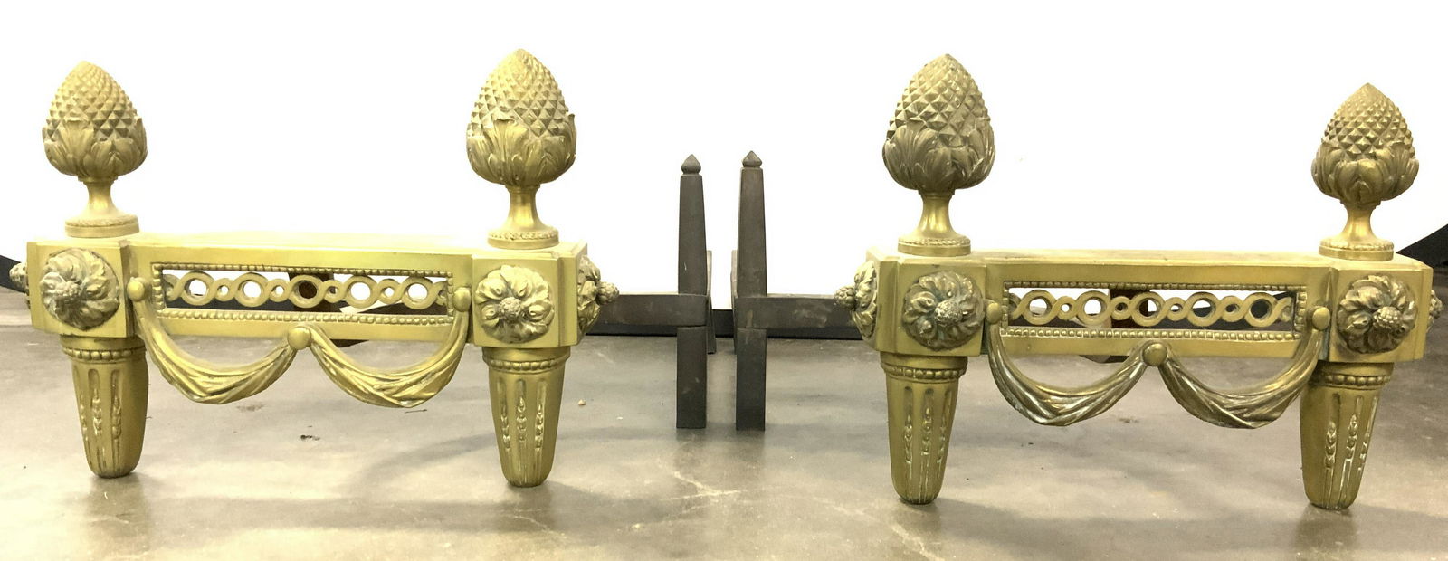 Pr Antique Bronze French Empire Acorn Andirons (1 of 8)