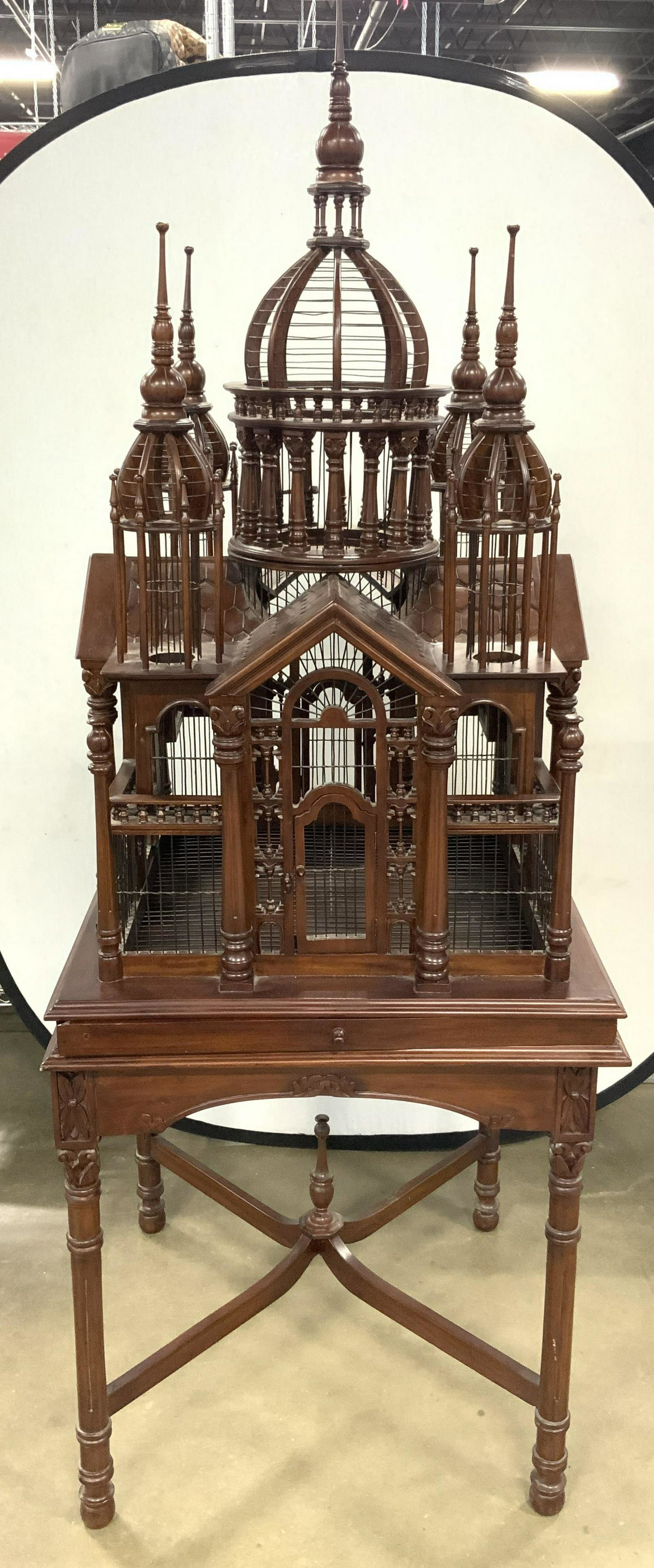 Vntg Mahogany Castle Architectural Birdcage W Base (1 of 11)