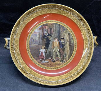 Vintage The Bully W Mulready Porcelain Dish: Vintage porcelain dish with Transferware print of The Bully after William Mulready. Surface wear consistent with exposure, crazing observed. Gilt decoration to handles and borders. Previously repaired