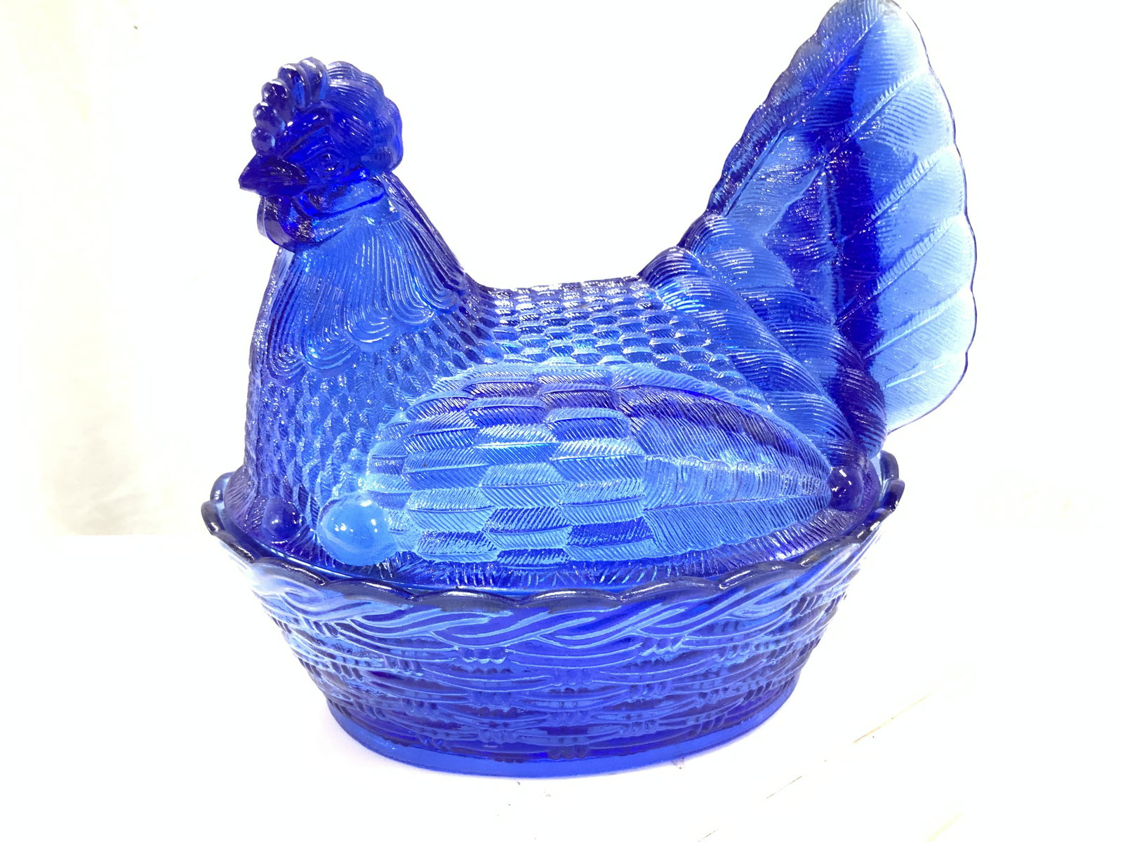 Cobalt Blue Pressed Glass Chicken Vessel  9 in. (1 of 9)