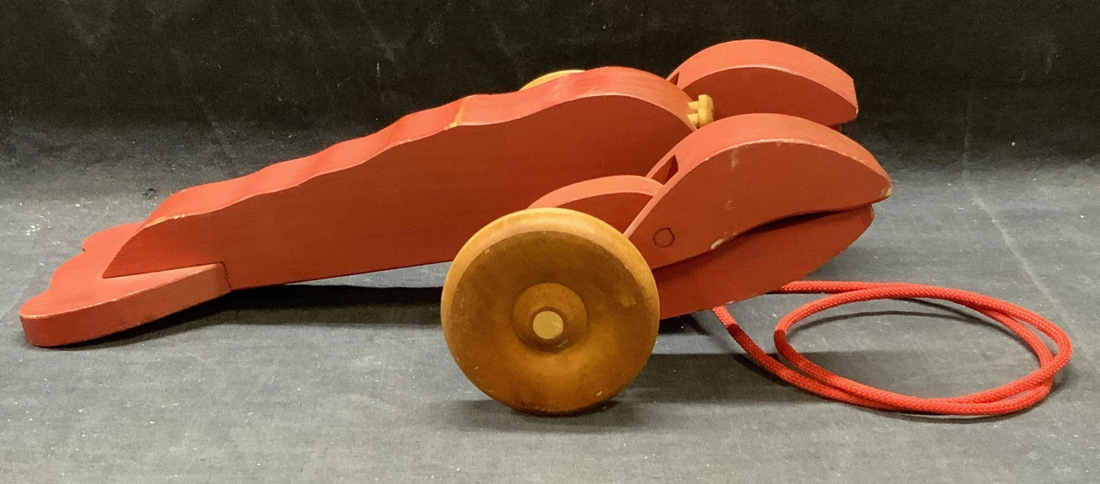 Country Woodshop Larry Lobster Wood Pull Toy: 1986 Country Woodshop Larry Lobster painted wood pull toy, with movable snapping claws as pulled Trademarked to underside. Handcrafted in Maine, USA. Some surface wear consistent with exposure. 12 x 7