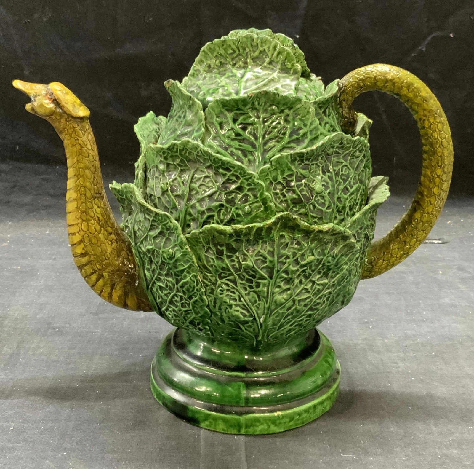Antique Cabbage Snake Palissy Ware Ceramic Teapot (1 of 7)