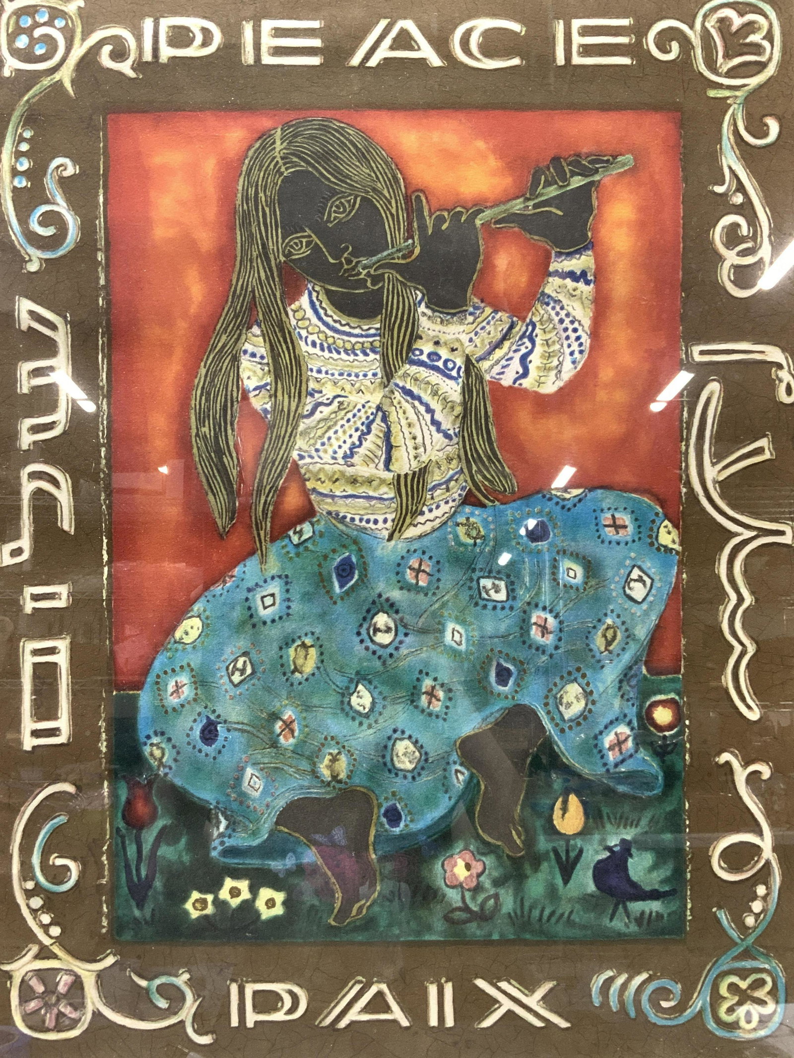 IRENE AWRET Signed Girl & Flute Peace Lithograph: Signed on lower right corner in graphite, Irene AWRET. A.P. Depicts a girl playing a flute in patterned blouse and skirt with words Peace Above her. Framed in wooden frame with black and gold leafed o