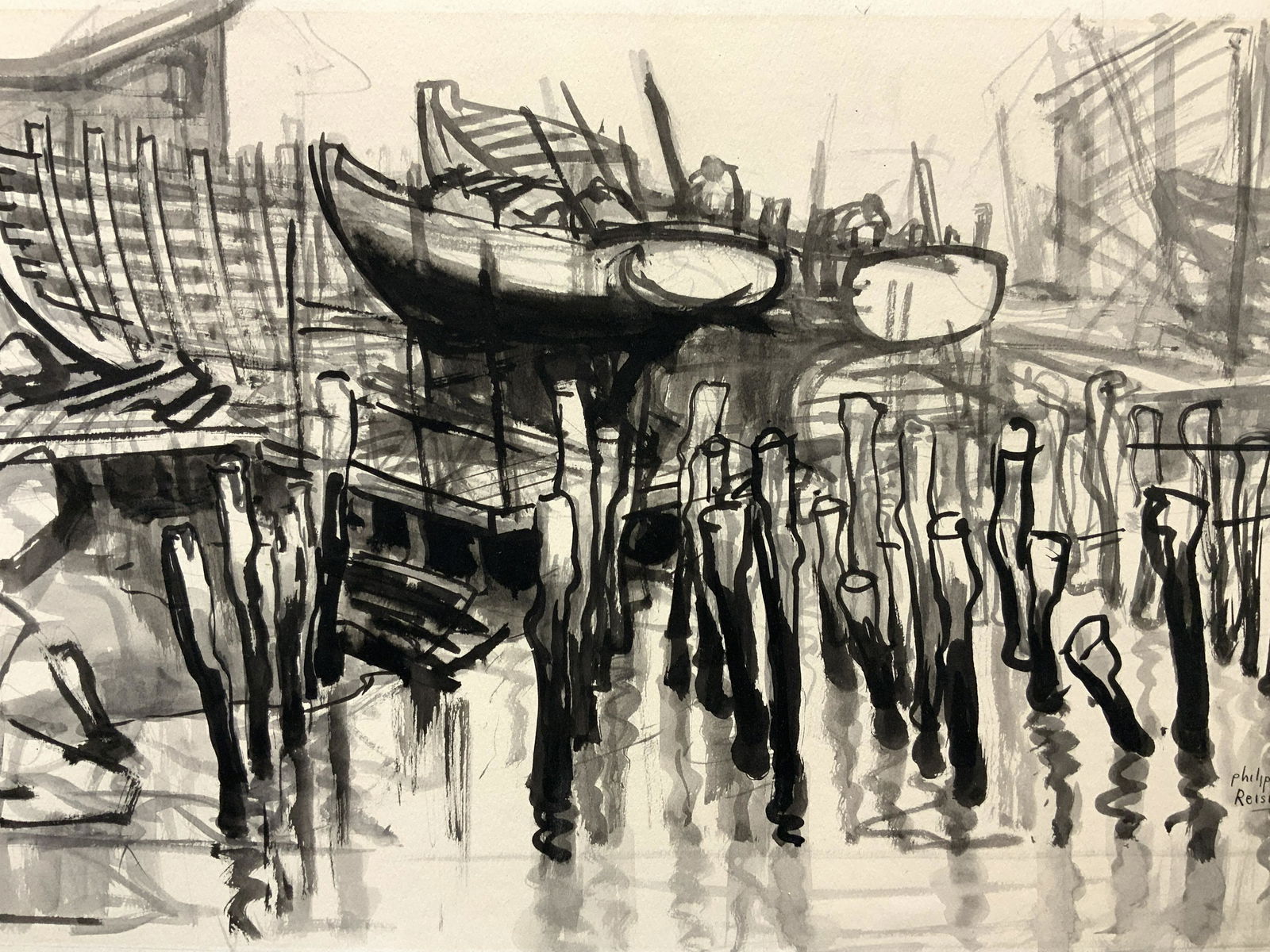 PHILIP REISMAN Signed Boat Dock Ink Sketch: Signed on lower right corner Philip REISMAN Possibly in ink and watercolor Depicts a sketch of a dock with various boats out of the water and posts Sticking out of the water. No frame. Approximately 1