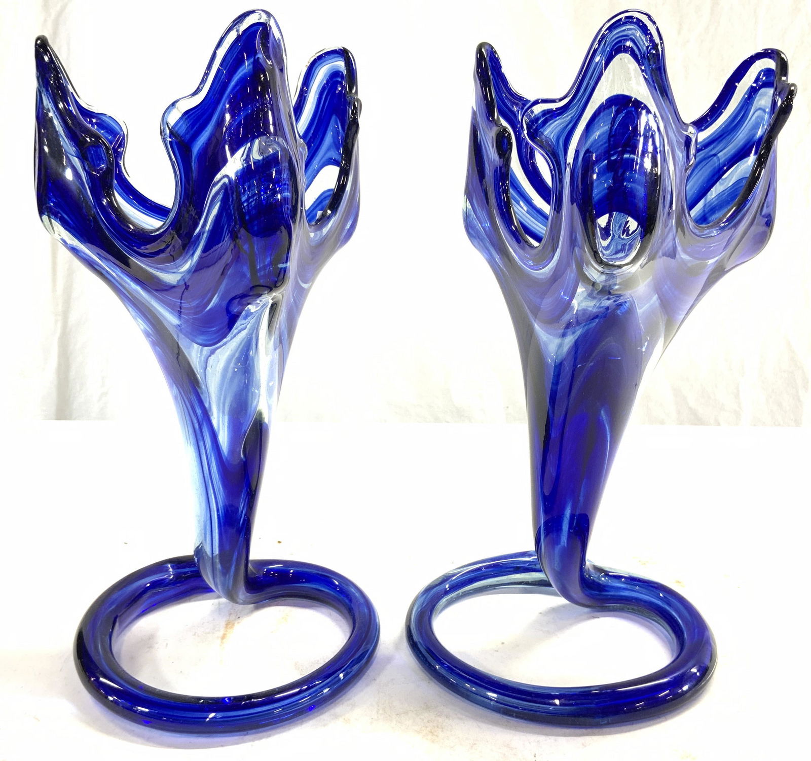Pr Vntg Handblown Cobalt Art Glass Vase Swirl Base (1 of 7)