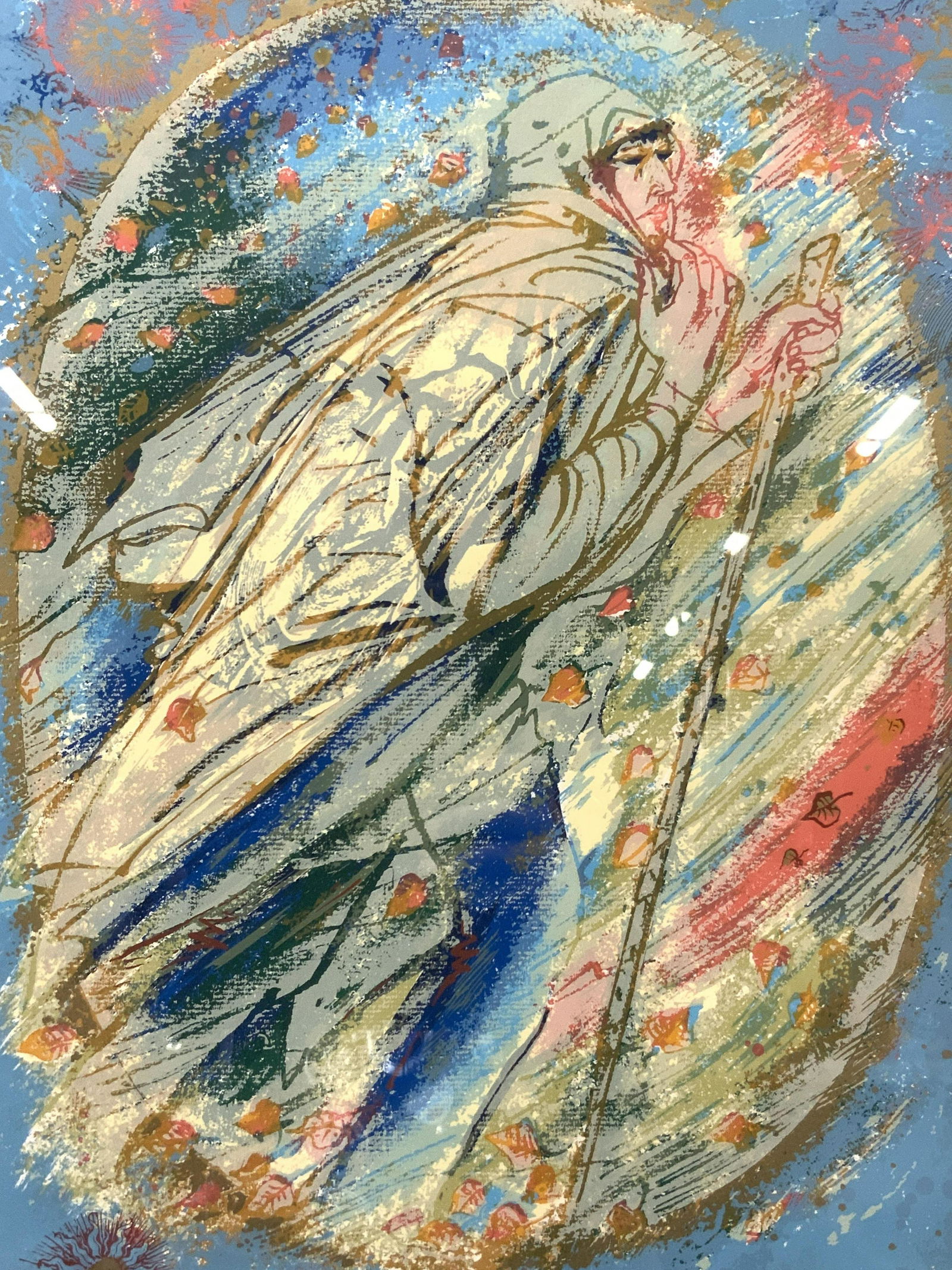 SHRAGA WEIL SIGNED The WayFinder Lithograph: Signed on lower right corner in graphite, SHRAGA WEIL 82/200Depicts one of the Eight Labors of the seasons, the wayfinder or perplexed guide. Depicting a robed man with a walking stick braving the ele