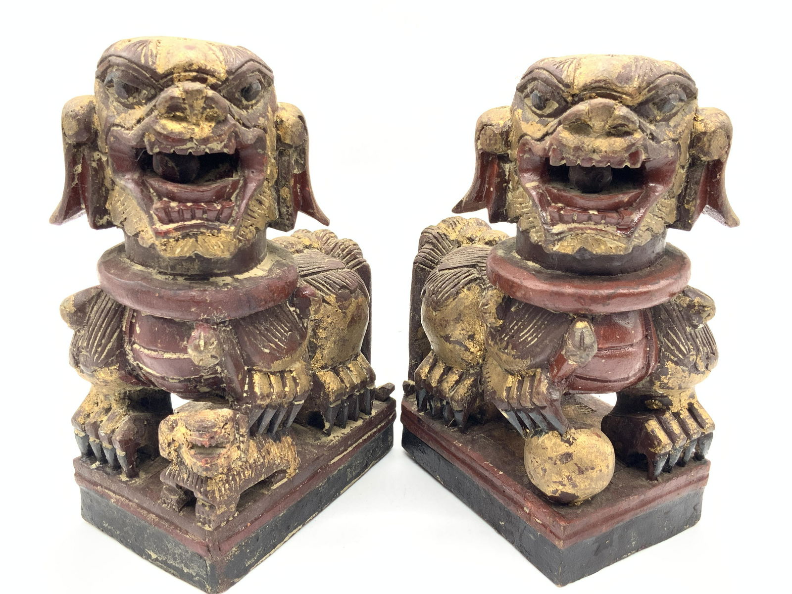Pair Carved Lacquer Wood Foo Dog Figures (1 of 10)