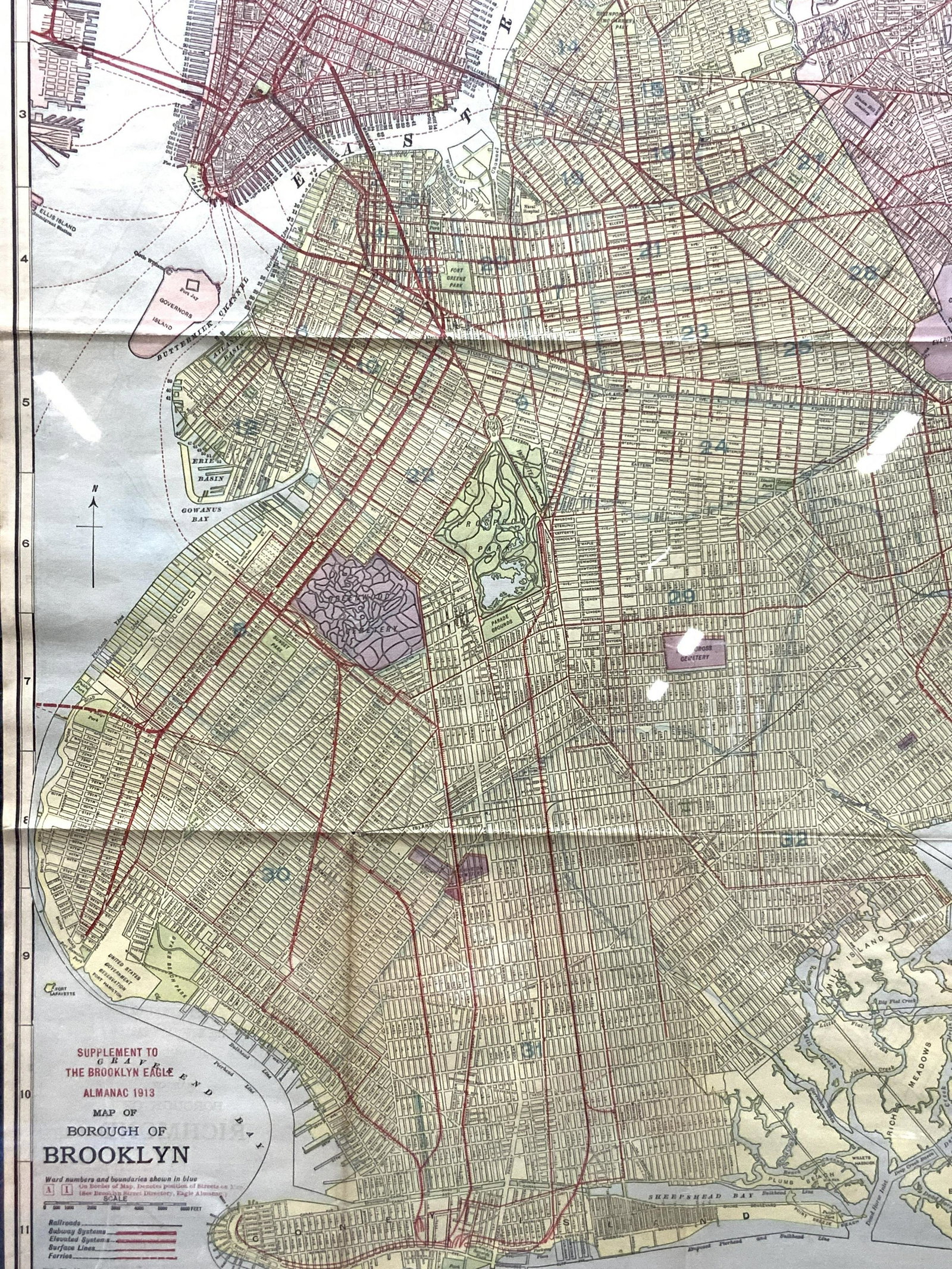 Antique 1913 BOROUGH Of Brooklyn Ny Map: Marked in lower left corner Supplement to the Brooklyn Eagle almanac 1913 Map of the borough of Brooklyn. Double sided and shows the Borough of Richmond on the other side. Colored map depicting part o