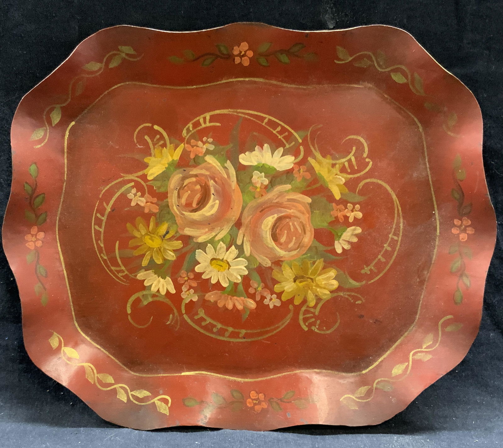 Vintage Red Floral Hand Painted Toleware Tray (1 of 6)