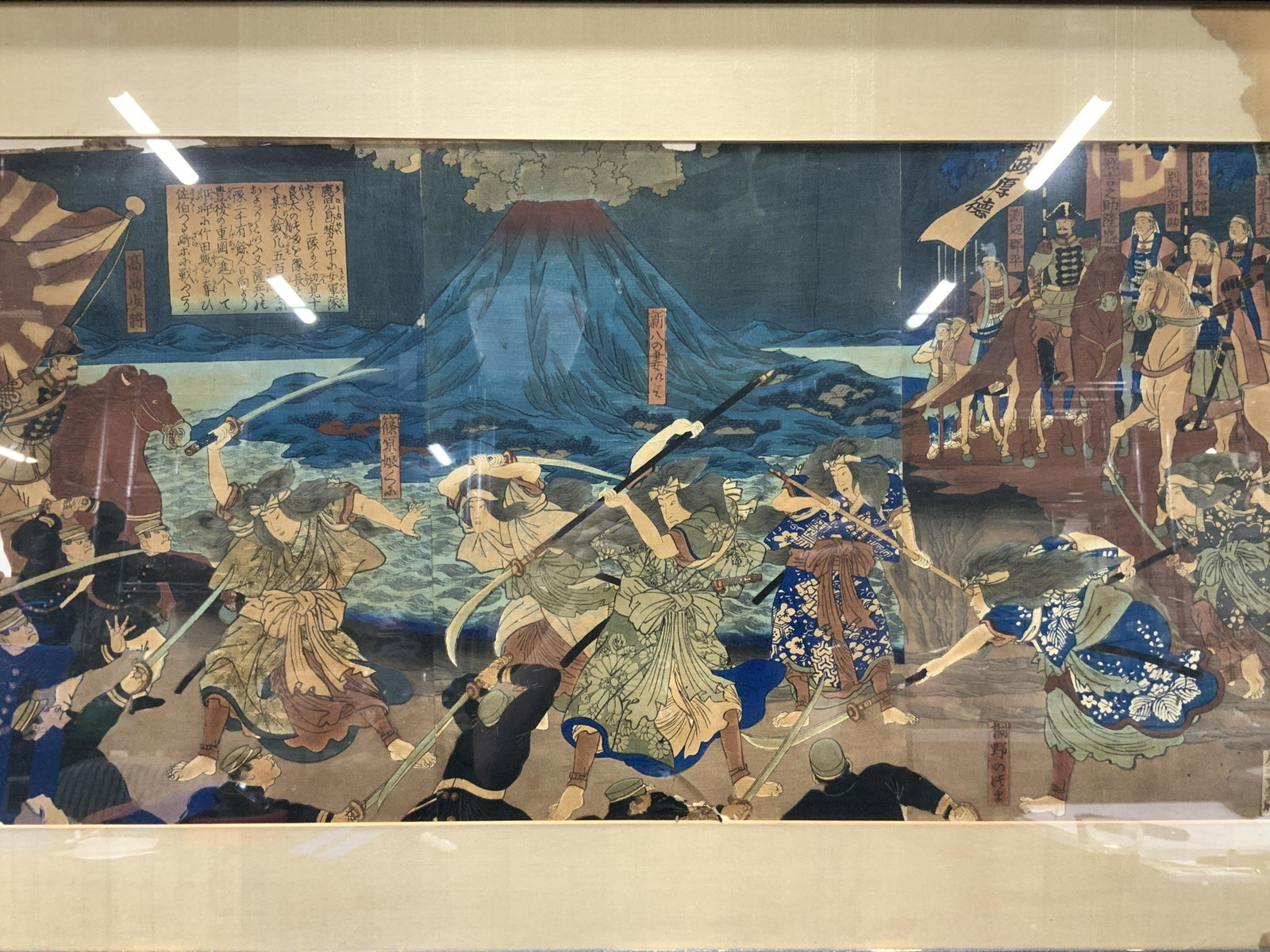 Vintage Japanese Triptych WoodBlock Print: Vintage, possibly antique Japanese wood block print triptych marked on lower right corner with various panels that read Japanese. Subject depicting a battle against Meiji soldiers and possibly an all 