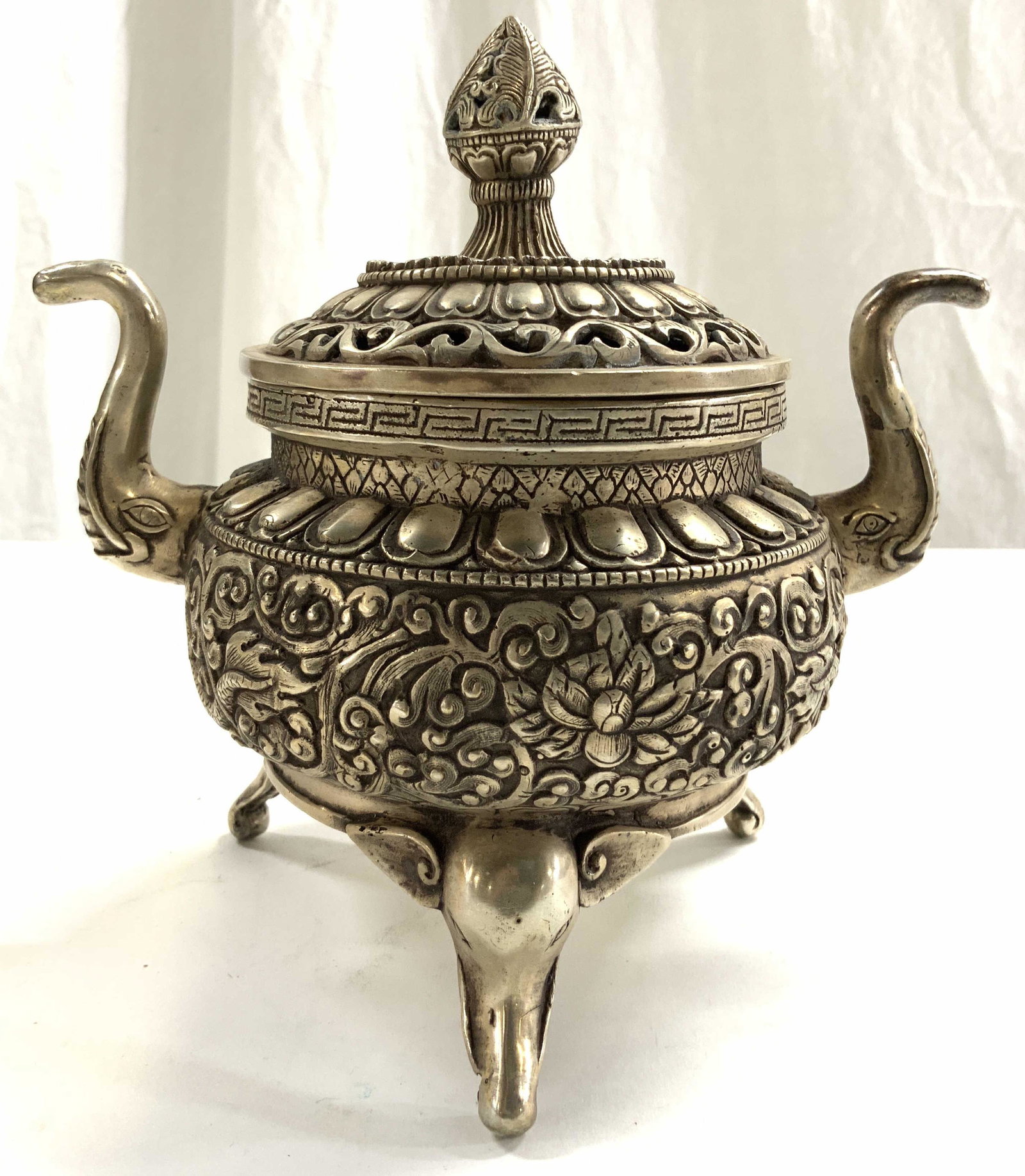 Signed Vntg Asian Lidded Pewter Incense Burner (1 of 8)