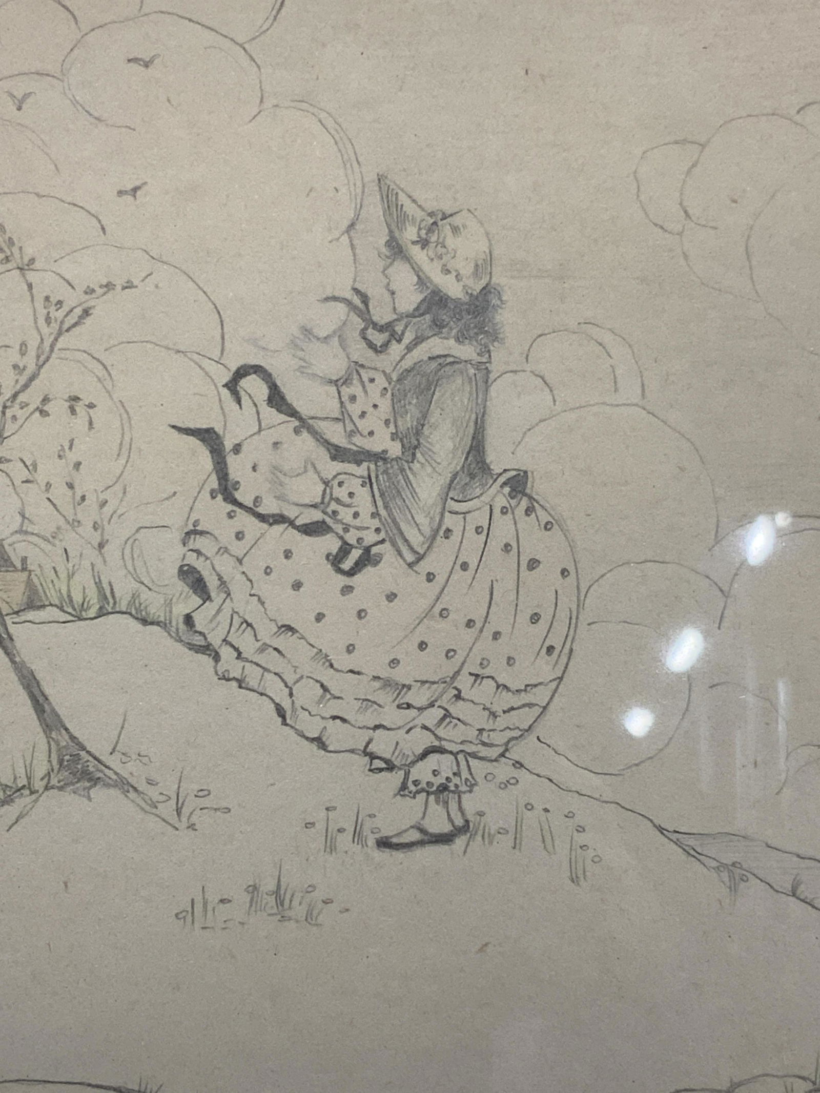 Framed Graphite Figural Drawing, Girl In The Wind (1 of 6)