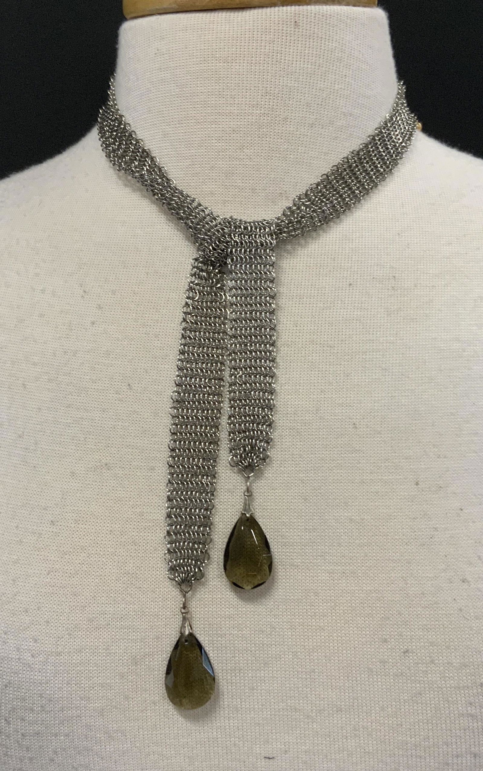 Silver Tone Mesh Chain Crystal Lariat Necklace (1 of 6)