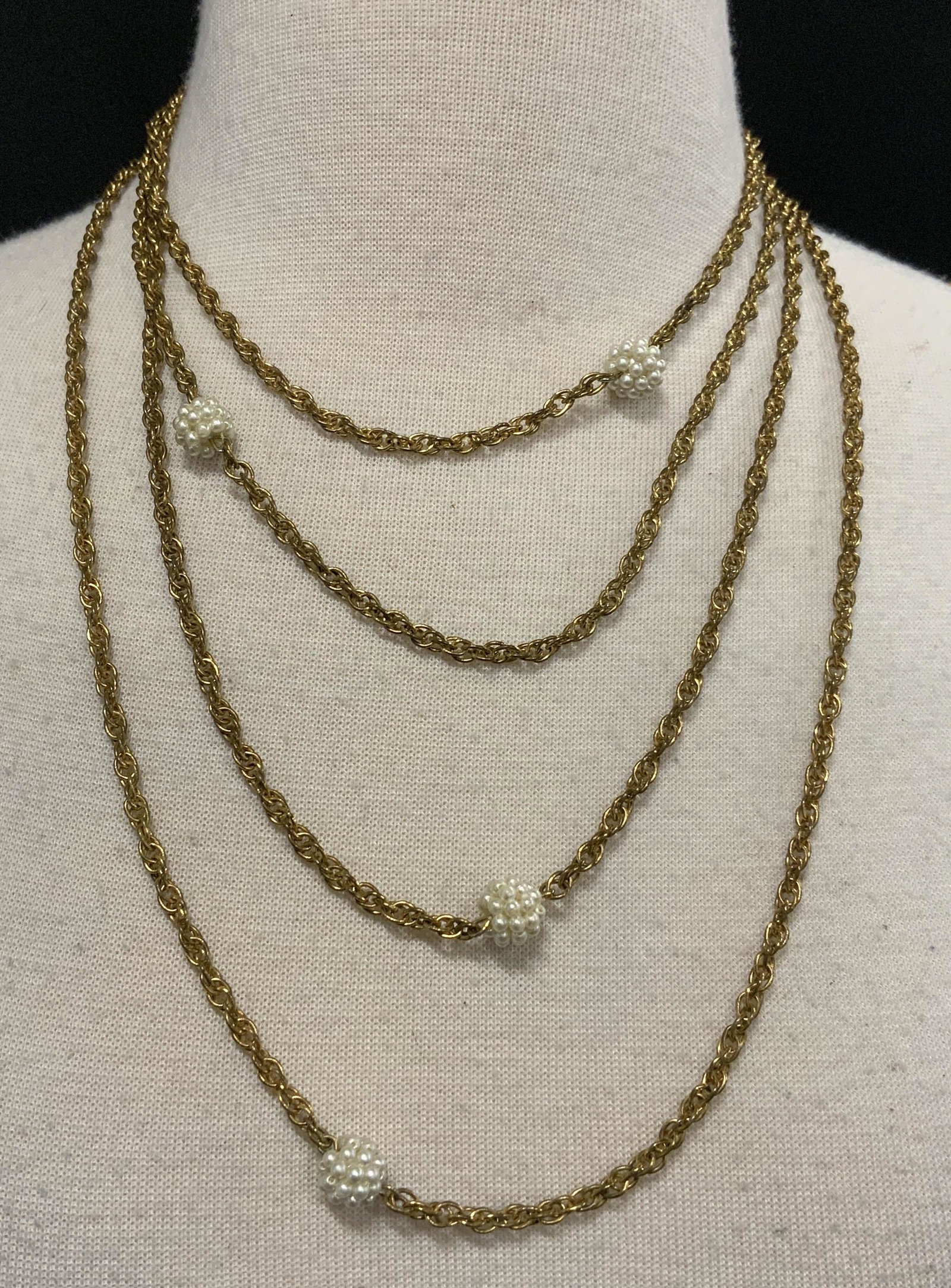Gold Tone Faux Pearl Chain Necklace, Jewelry: Gold tone chain necklace with faux seed pearl cluster beads. Measures approx. 88 inches long. Some surface wear consistent with exposure. estate jewelry, costume jewelry, fashion jewelry, cocktail jew