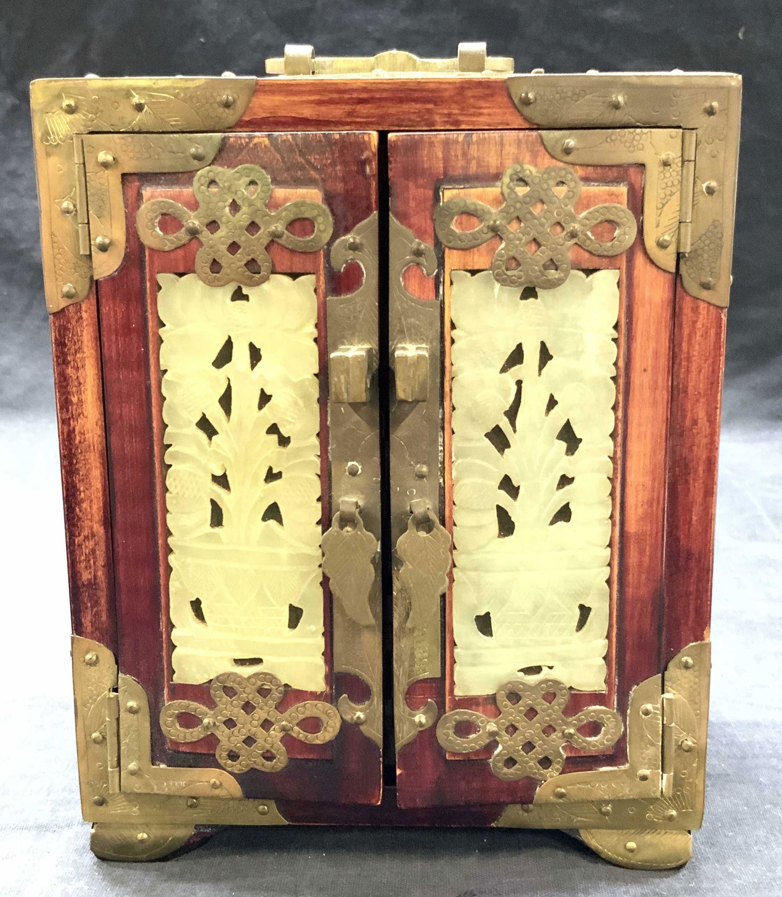 Asian Style Carved Stone & Wooden Jewelry Box Auction