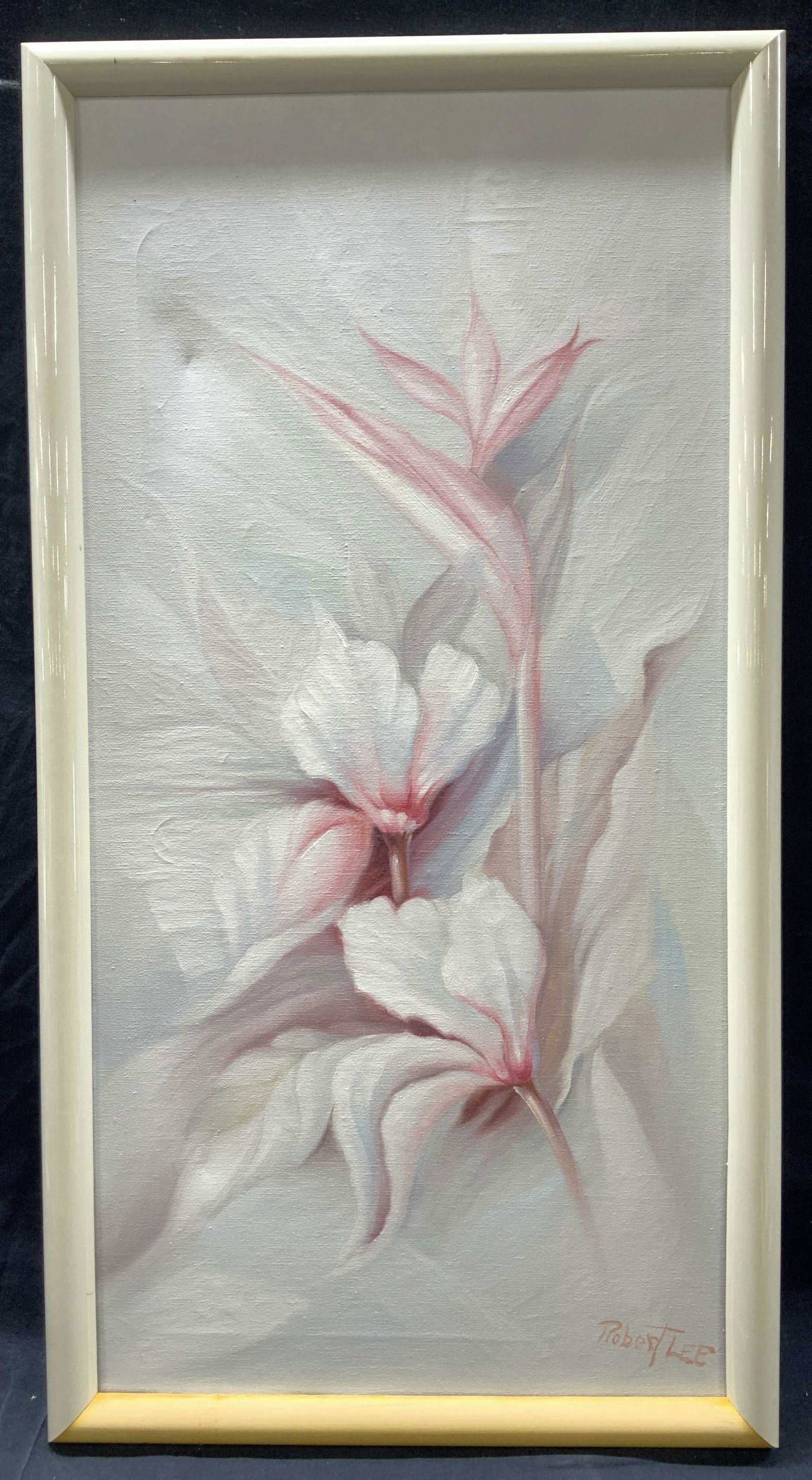 Robert Lee Signed Floral Acrylic Painting: Signed on lower right corner Robert Lee Depicts various white and pink accented flowers Framed in white plastic covered wooden frame, Approximately 32 x 17 inches window measures 29.5 x 14.5 inches Mo