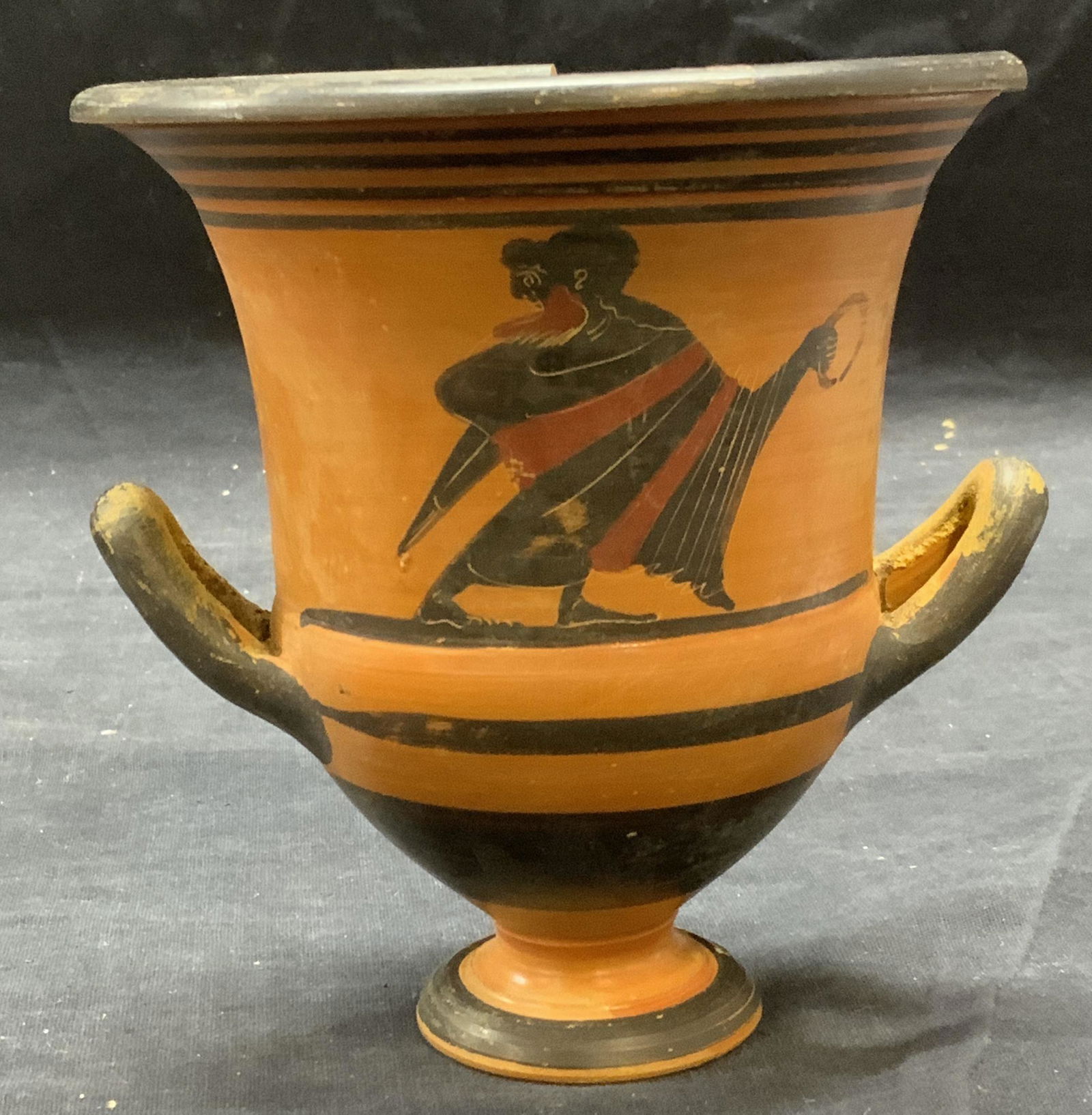 Greek Pottery Black Figure Krater Reproduction: Greek pottery reproduction krater with black figure decoration. Evident chipping loss to rim. Measures approx. 5 inches diameter and 5 inches tall. Property of Manhattan estate, Asian artifacts collec