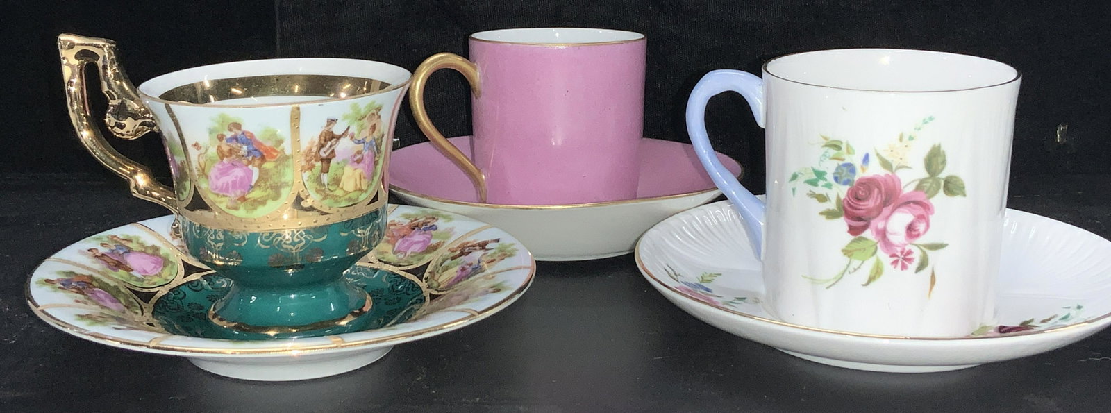 Limoges, Shelley, JKW Carlsbad Demitasse China, 6: 3 pairs of demitasse cups and saucers , fine china from France, England, & Germany. White fine bone china hand painted with pink roses with gilt rims marked Shelley England, cup measures 2.5 in ht, 3.