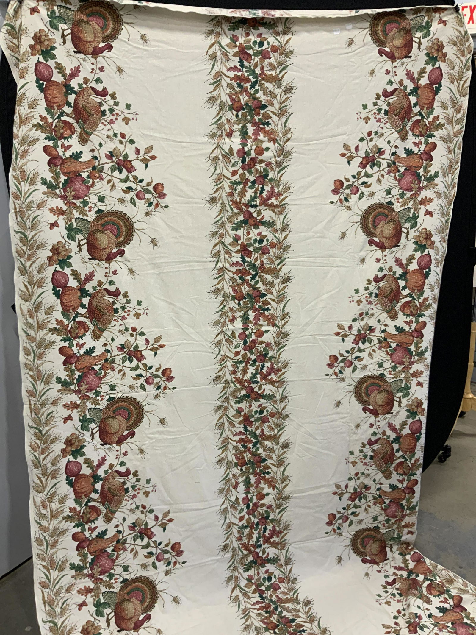 84 x 55 Inch Thanksgiving Tablecloth: Tablecloth approximately 84 x 54 inches. Adorn with images of fall leaves, wheat stalksand turkeys throughout. Minor wearing Thanksgiving tablecloth, tablecloth, thanksgiving decor, tabletop accessori