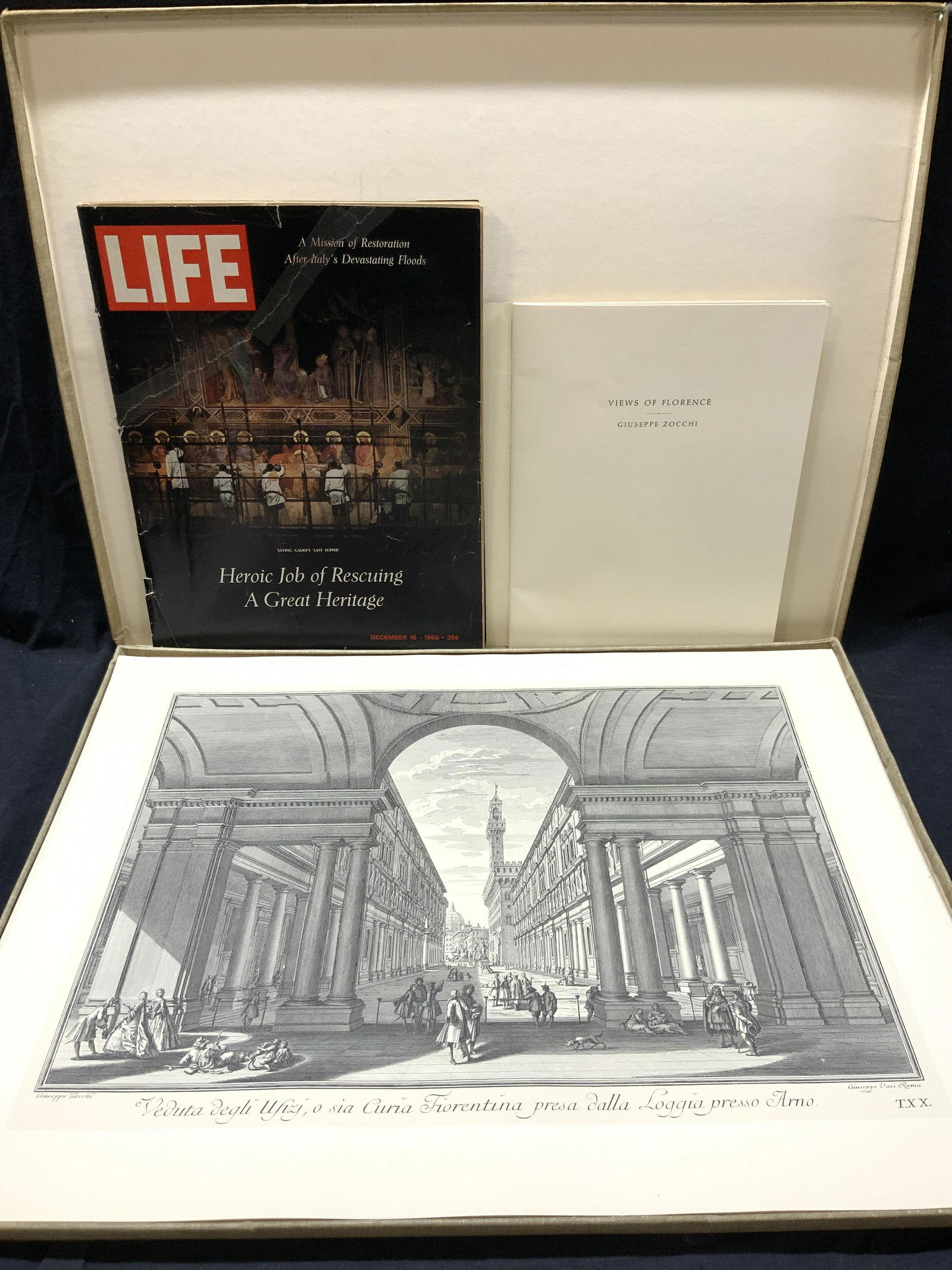 Views Of Florence Folio Giuseppe Zocchi: Marked on outer corner Views of Florence Giuseppe Zocchi. Engravings after drawings by Giuseppe Zocchi Reproduction of the 1754 edition, published by Walker and Company, New York, 1967. Plates printed