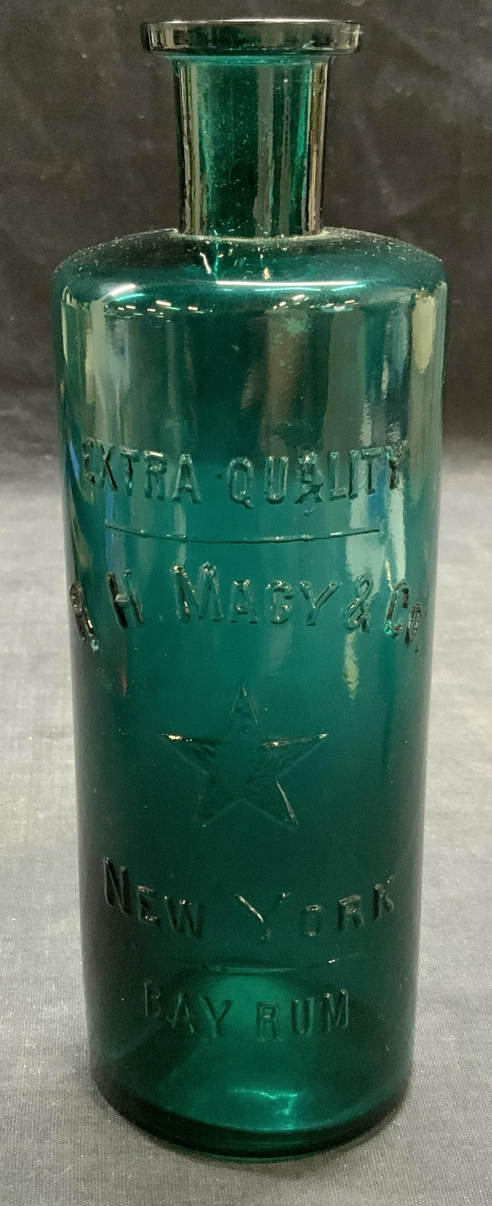 Vtg R. H. Macy & Co Teal Glass Bay Rum Bottle (1 of 6)