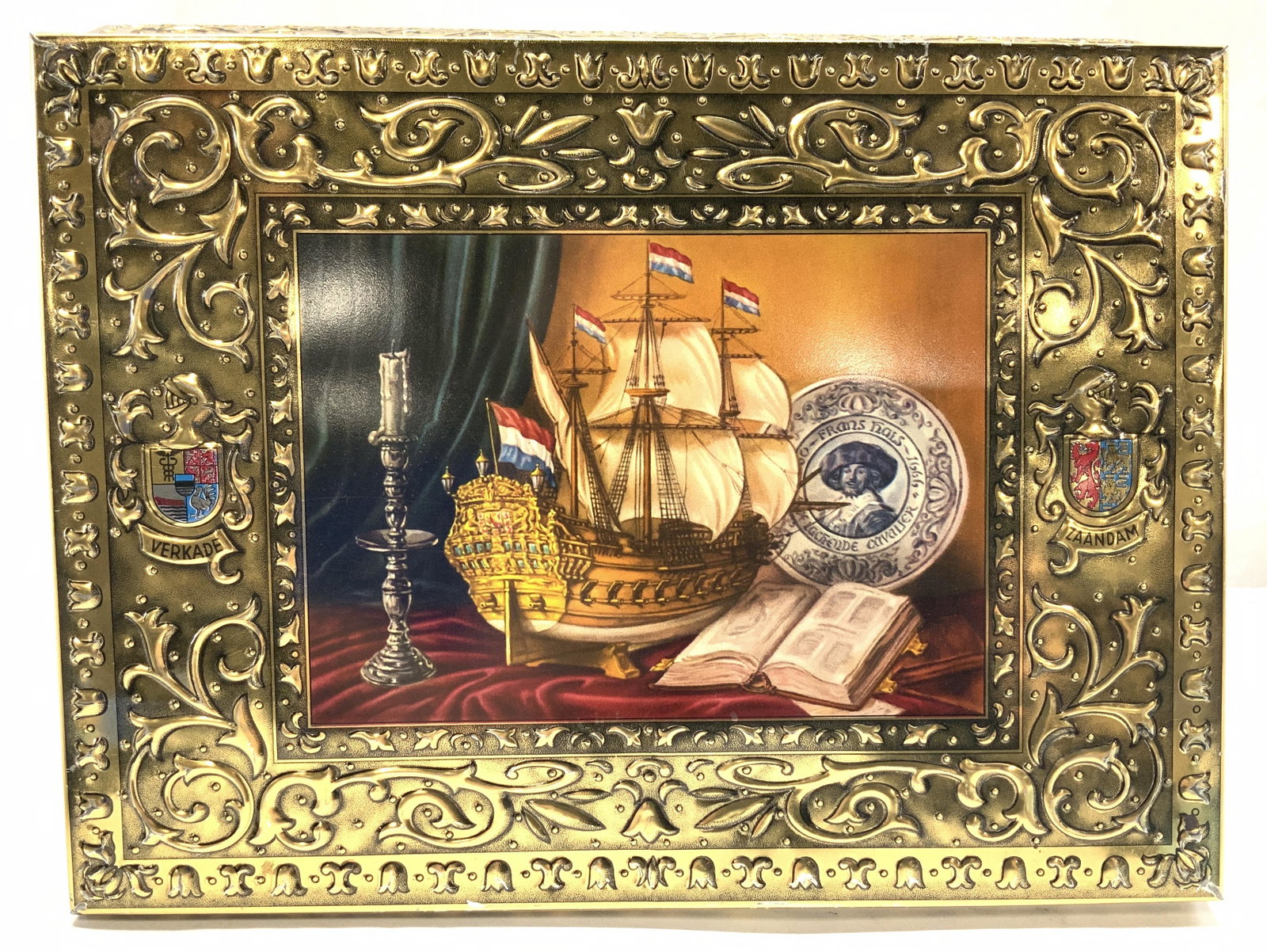 Royal Verkade Collectible Cookie Tin, Holland: Dutch tin hinged box, possibly a vintage cookie tin, rectangular with ornate acanthus scroll, tulip, and Old World Maritime Decor. Measures. 12 x 9 x 2.5 in. Gold tone with Repoussé metal, hallmarked