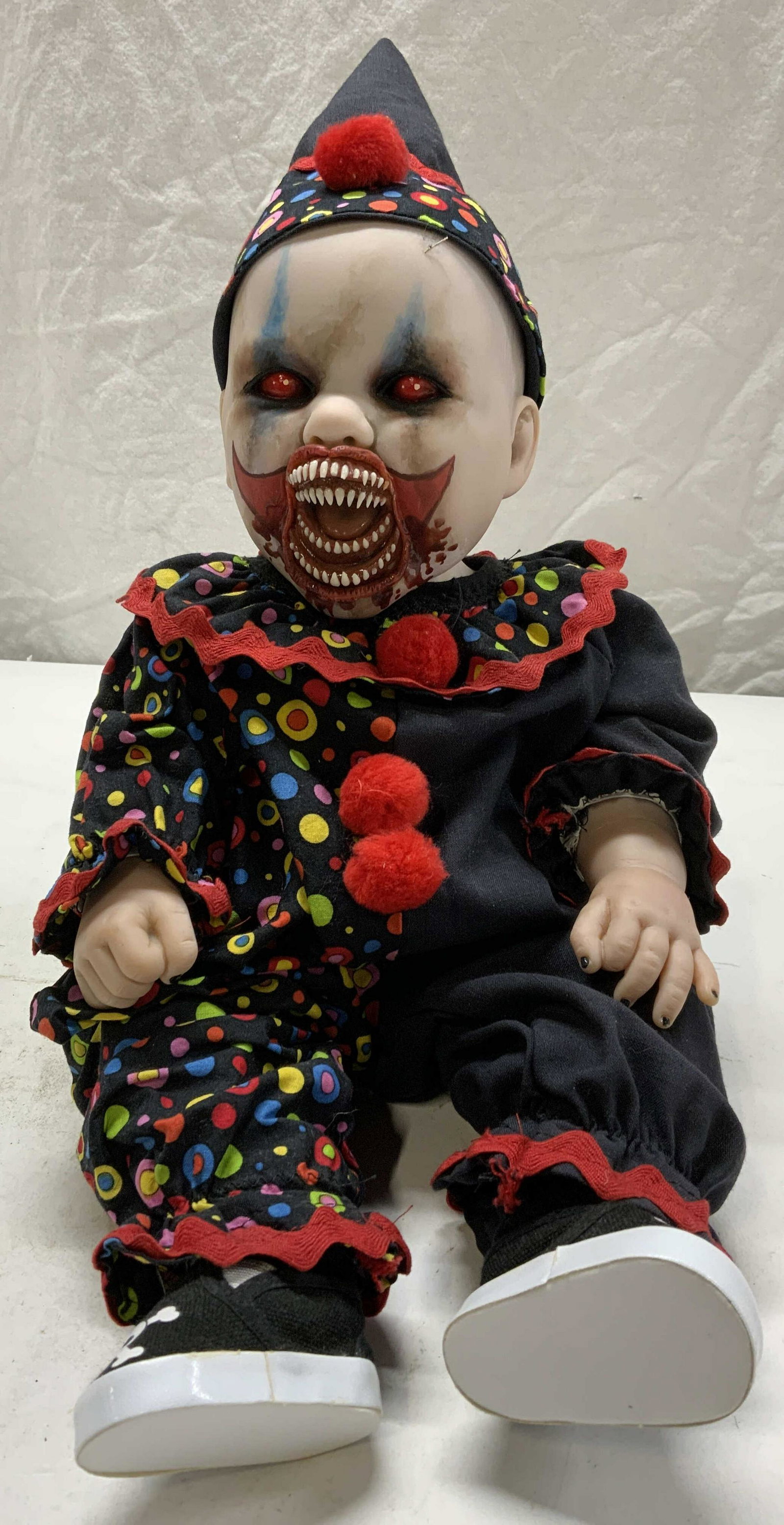 Custom Made Berenguer Horror Clown Doll: Custom made Berenguer horror clown doll. Composed of rubber and fabric. Measures approx. 16 inches long. Some surface wear consistent with exposure. Trademarked to back. Berenguer, Berenguer doll, dis
