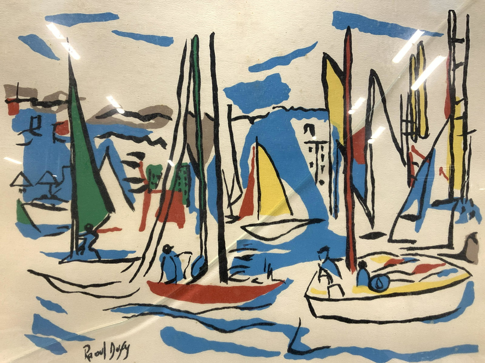 Raoul Dufy Sail Boat Silk Screen: Marked on lower left corner Raoul Dufy Subject depicts various boats on the water on the edge of a town. Framed in silver toned metal frame with rust orange toned mat board. Approximately 24 x 30 inch