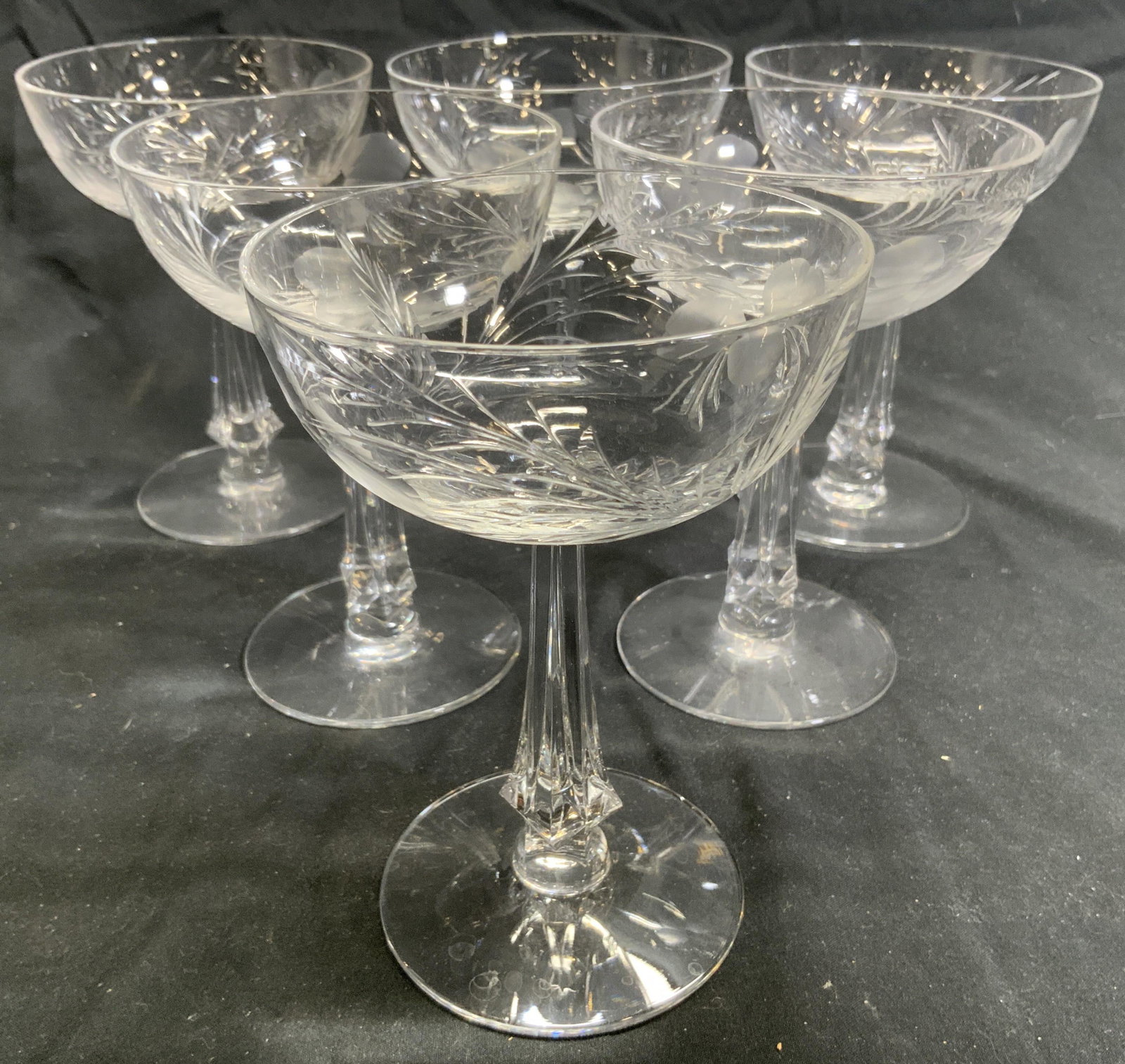 Lot 6 Vntg Frosted Glass Cocktail Glasses Stemware: Stemware is glass. Piece has frosted floral detail. Each measures approx 5 inches tall 3.75 inches wide. Cocktail glasses, sherbet glasses, liquor glasses, margarita glasses, stemware, glassware, art 